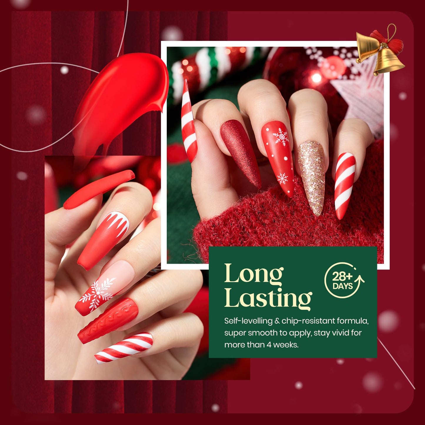 Beetles Gel Nail Polish - Candy Cane Gel Polish Set, 6 Color Burgundy Red Glitter White Silver Snow Holiday Sparkle Manicure Kit Soak off Uv Nail Art