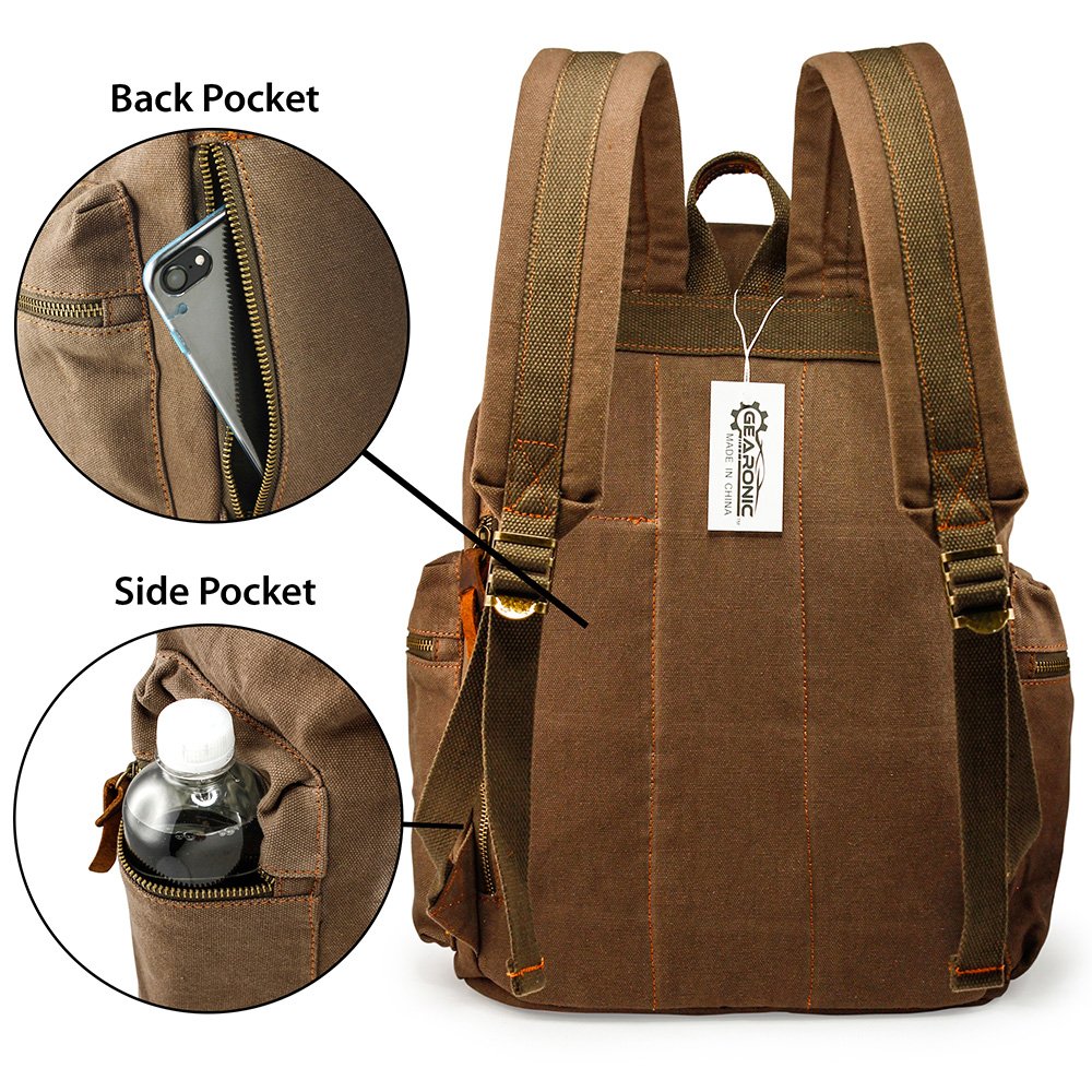 GEARONIC Vintage Canvas Backpack, Casual Daypack Backpacks for Men Women, 15inch Laptop Bag Travel Hiking Camping Rucksack - Brown