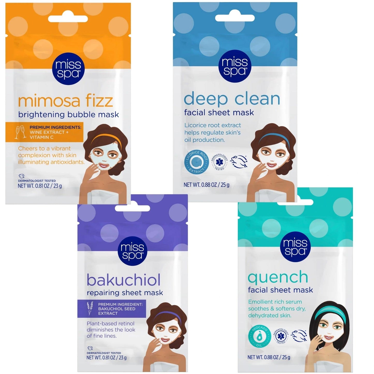MISS SPA Face Mask Skin Care Set for Women, Deep Clean Face Mask, Quench, Mimosa fizz, Bakuchiol Facial Sheet Mask, Anti-Aging, Anti-Wrinkle