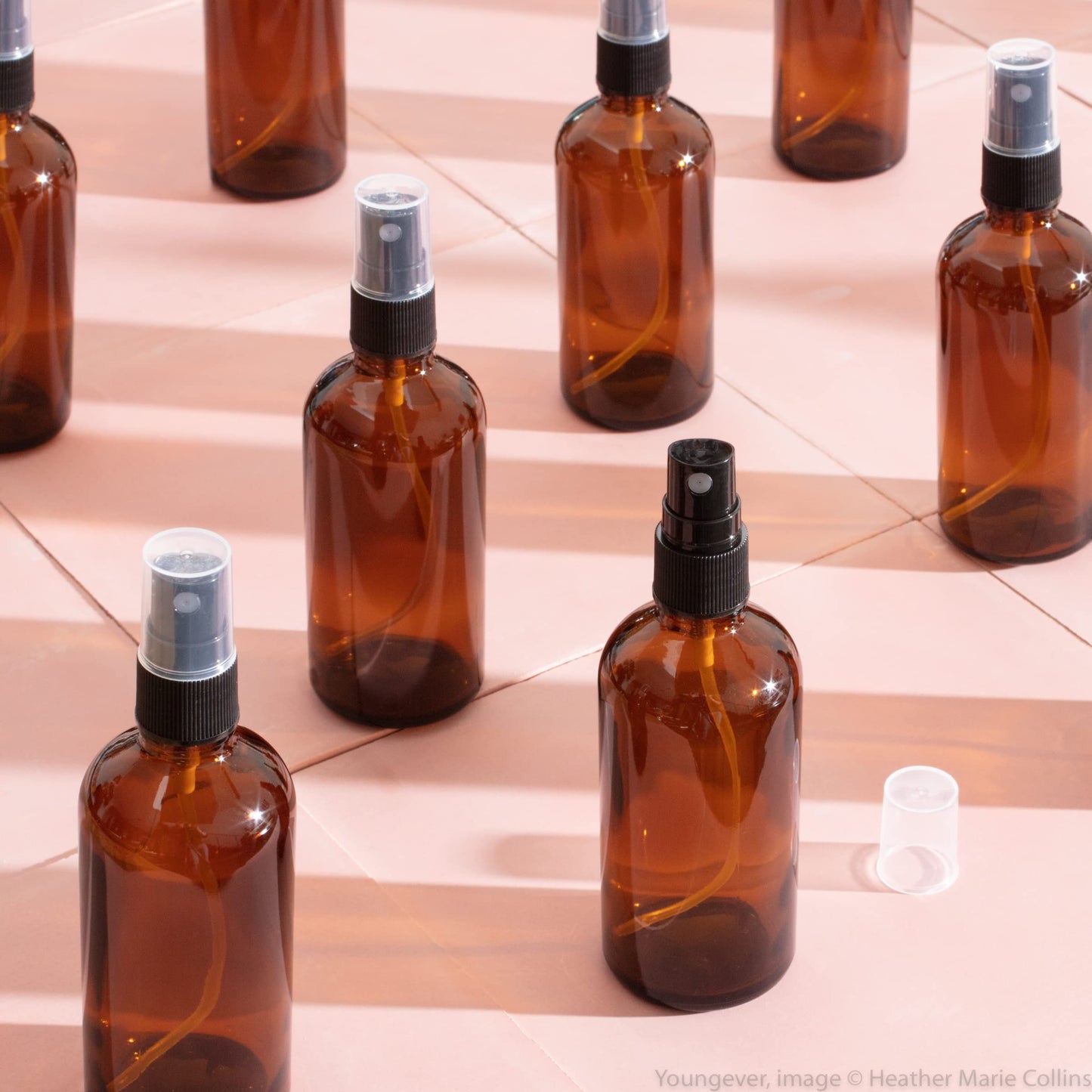 Youngever 12 Pack Empty Amber Glass Spray Bottles, 6 Pack 4 Ounce and 6 Pack 2 Ounce Refillable Containers for Essential Oils, Cleaning Products