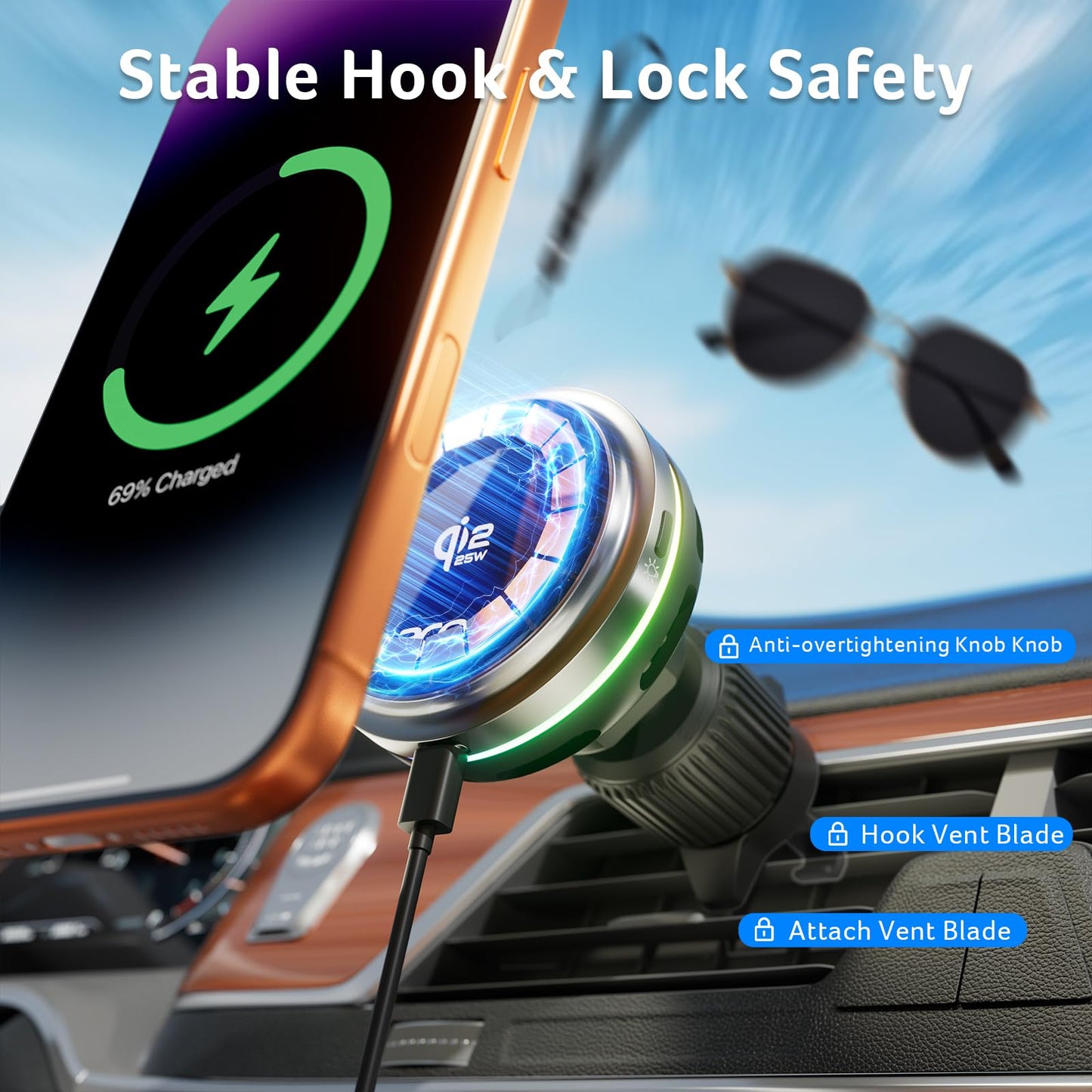 acer Qi2.2 25W Mag-Safe Car Mount Charger, Wireless Car Charger with Cooling Fan, Glass Panel & Backlight,Vent Phone Mount with 45W…