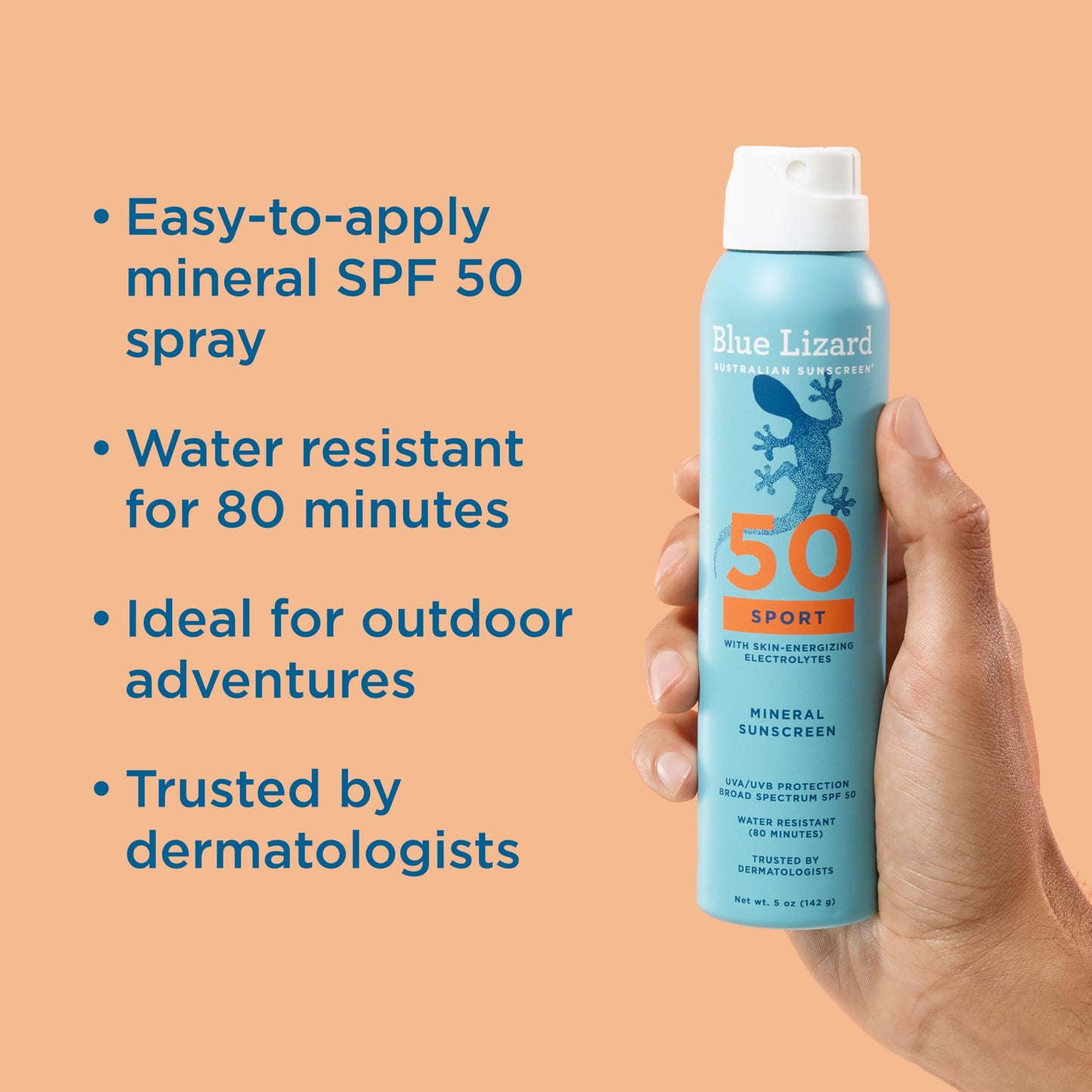 BLUE LIZARD Sport Mineral Sunscreen Spray SPF 50+, Dermatologist-Recommended Brand, Broad-Spectrum UVA/UVB Protection, Water-Resistant, Zinc Oxide
