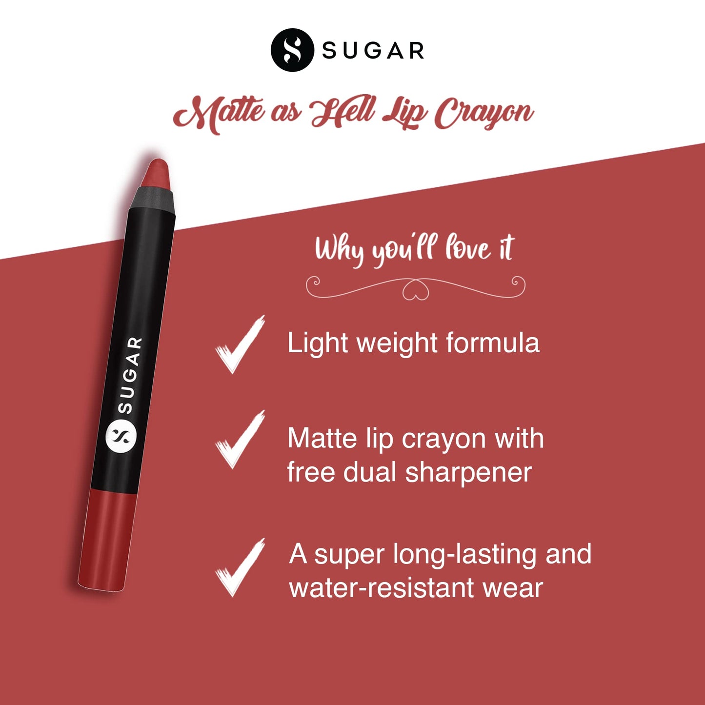 SUGAR Cosmetics Matte as Hell Crayon Lipsticks for Women Lasts Up To 8+ Hours Lip Crayon with Sharpener 2.8gm - 1 count (Pack of 1) 08 Jackie Brown