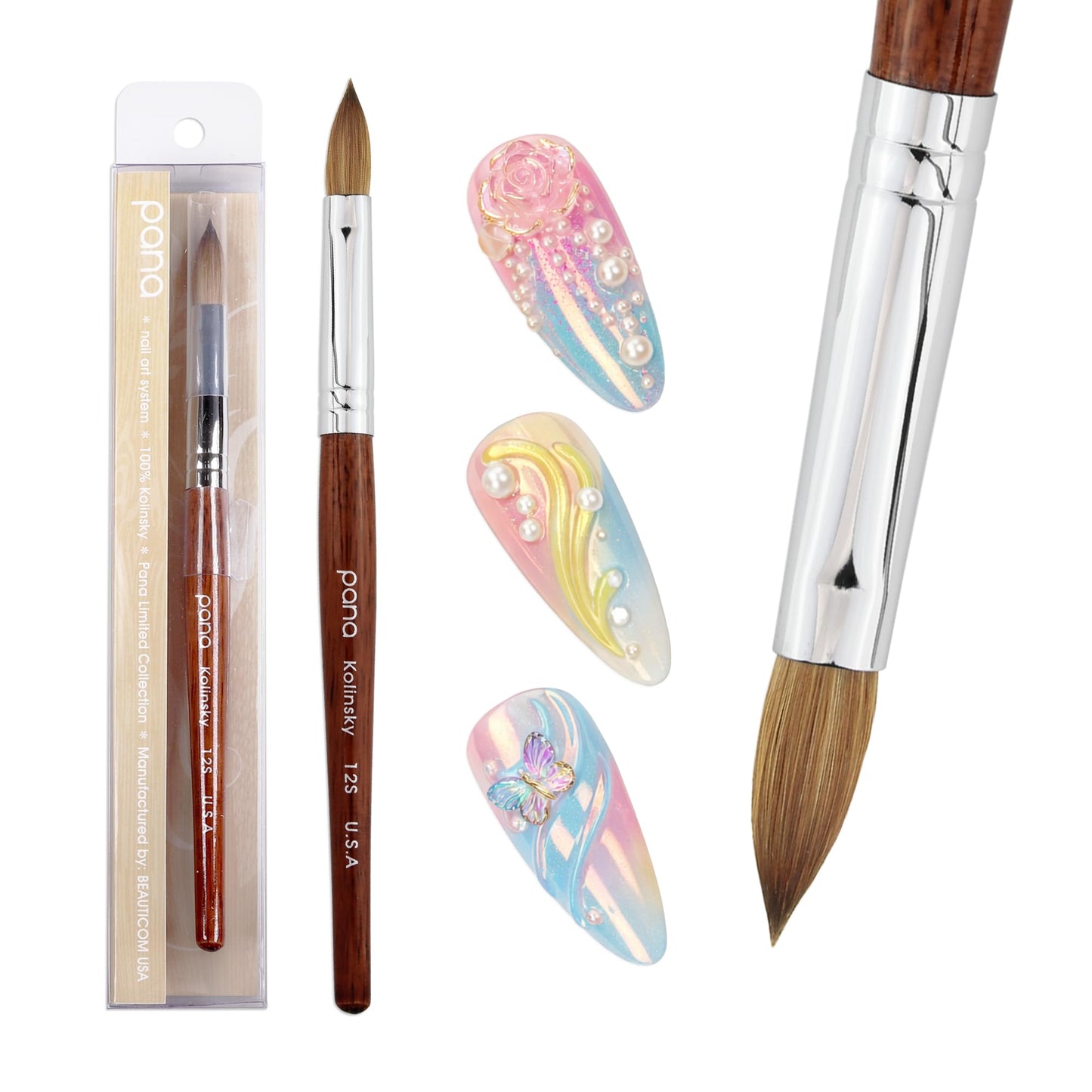 PANA Pure Kolinsky Hair Acrylic Nail Brush - Oval Crimped Mahogany Wood Handle (Size 12) Beauty & Personal Care PANA