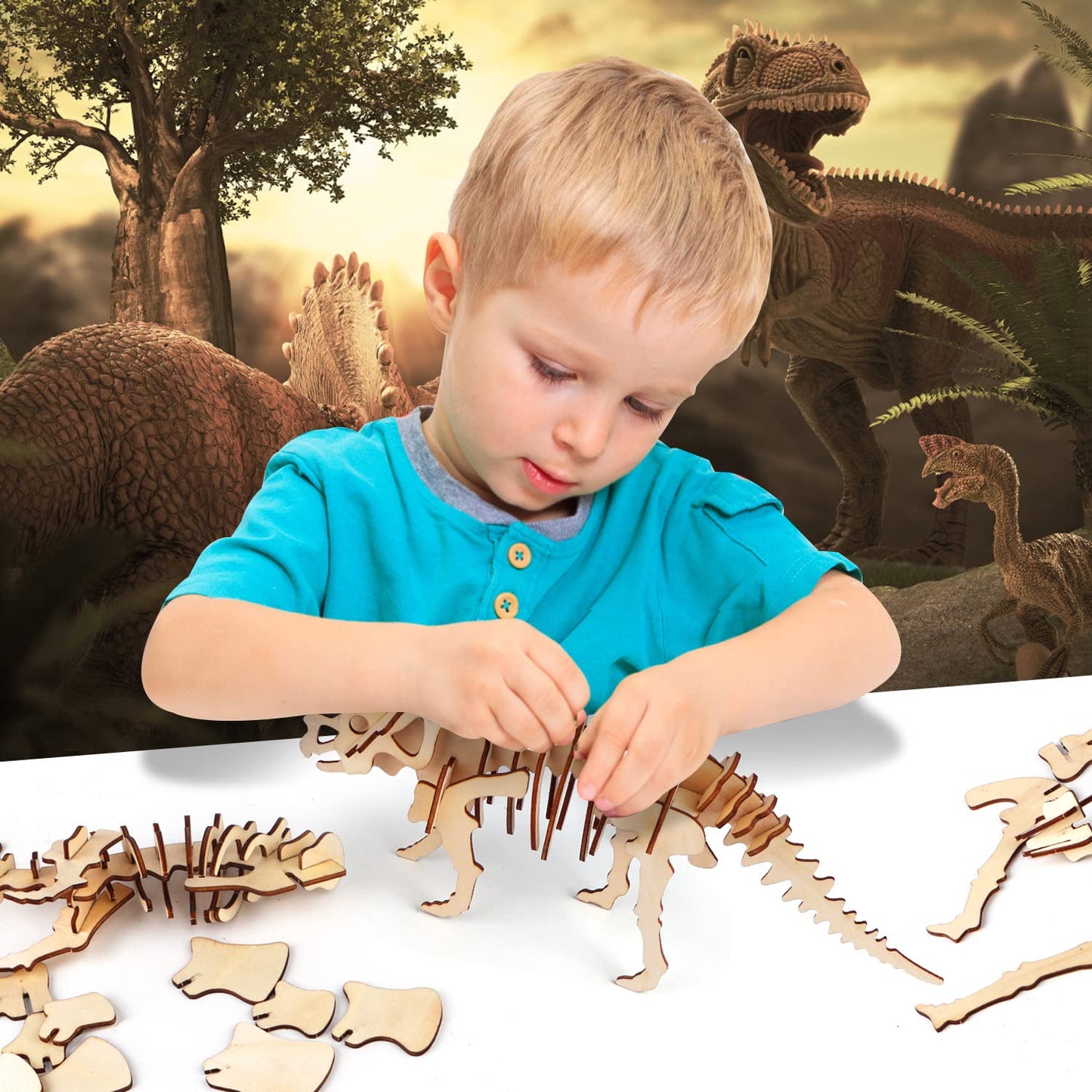 calary 3D Wooden Puzzle Simulation Animal Dinosaur Assembly DIY Model Toy for Kids and Adults,Set of 6