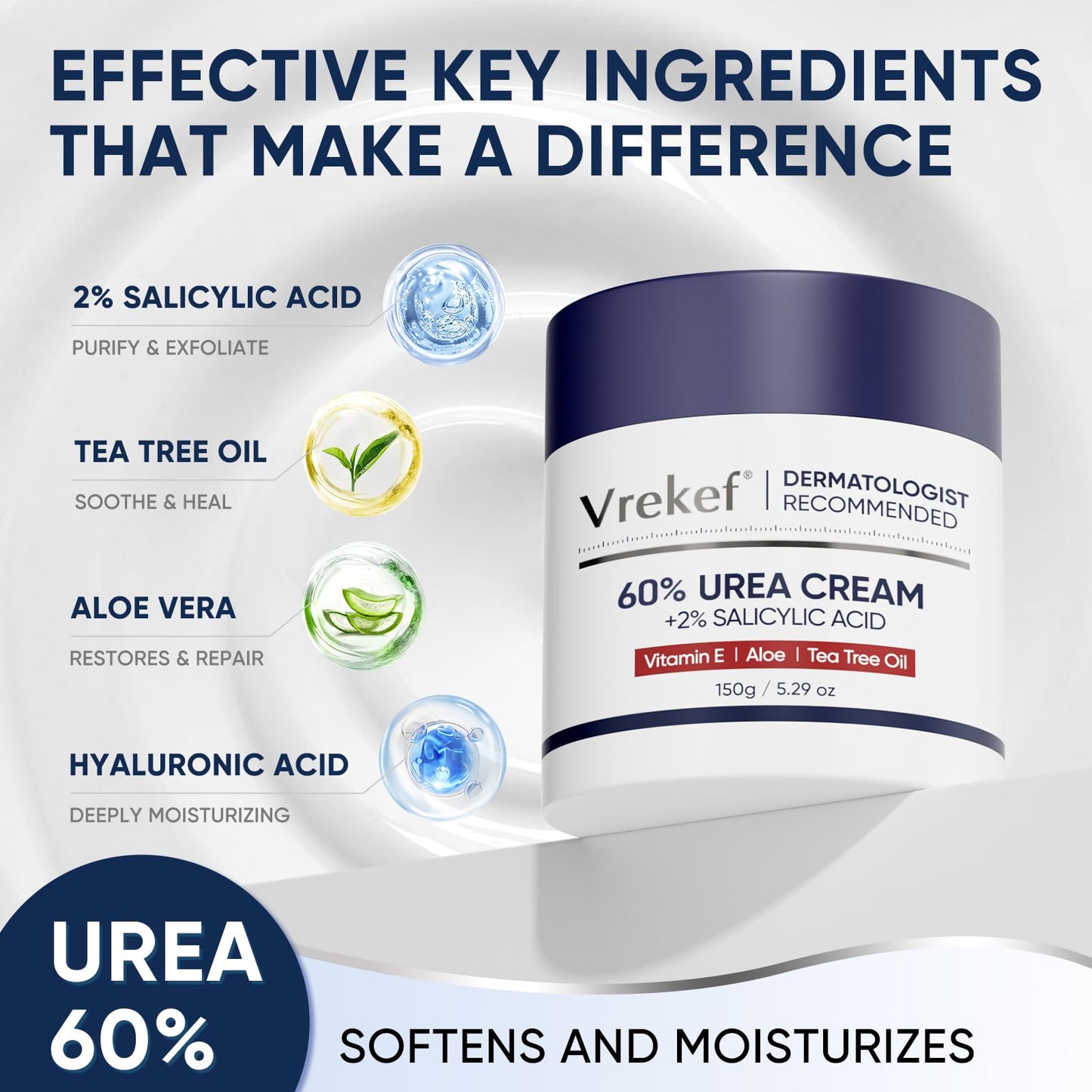 VREKEF Urea Cream 60% with 2% Salicylic Acid, Urea Cream 60 Percent for Feet Maximum Strength, Foot Cream & Callus Remover for Dry Cracked Heels Beauty and Personal Care VREKEF