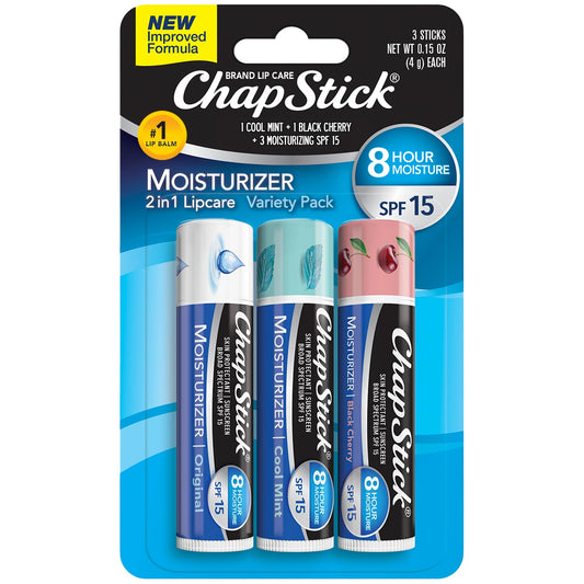 ChapStick Moisturizer 2-in-1 Lipcare SPF 15, Original, Black Cherry, Cool Mint, 3-Pack - Sunscreen Lip Balm with Aloe Vera and Vitamin E, 0.15 Oz Ea