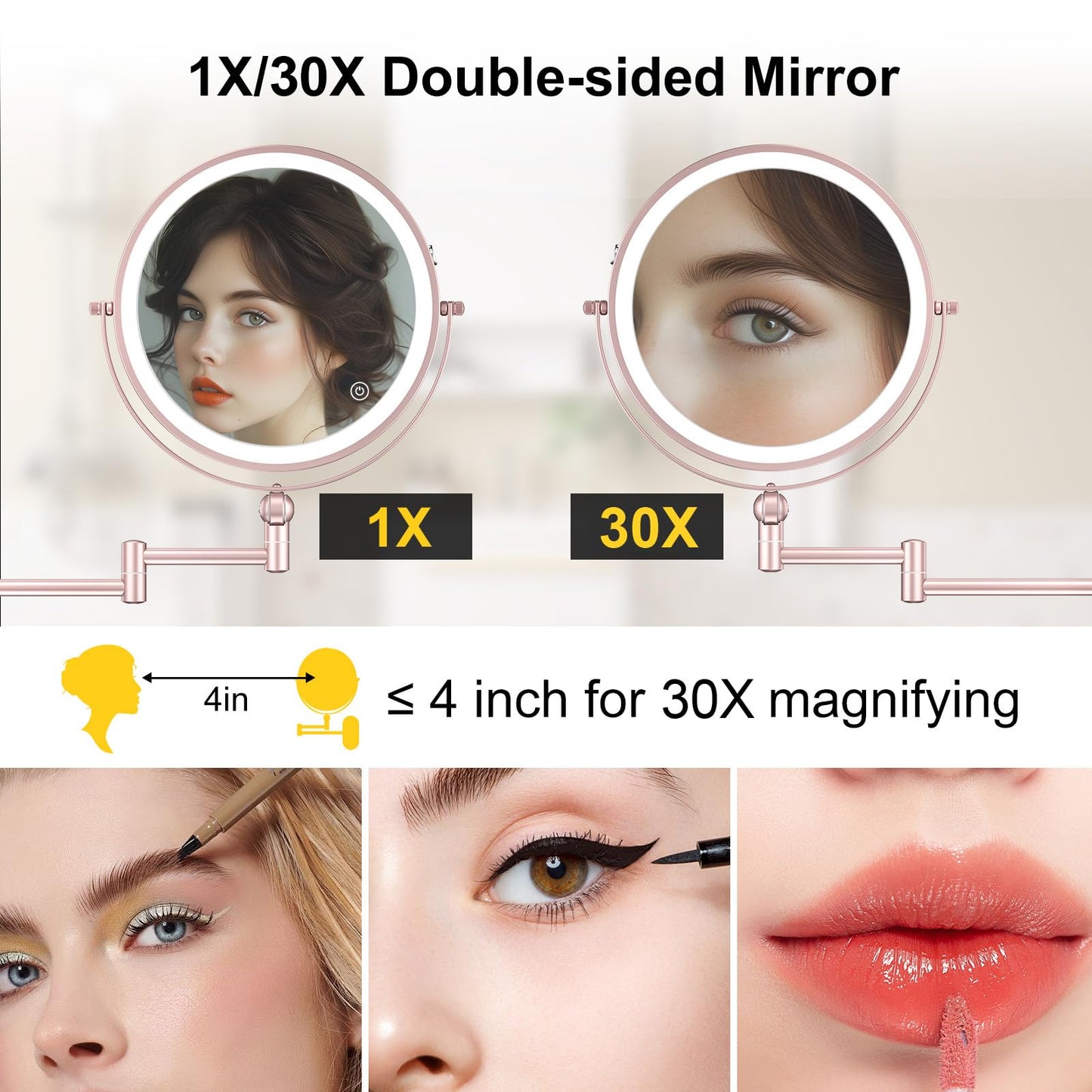 9" Wall Mounted Lighted Makeup Mirror,4000mAh Rechargeable Double Sided 1X/30X Magnifying Mirror with Light,Touch Dimmable,Extended Arm 360 Rotation Beauty and Personal Care ZLOKLA