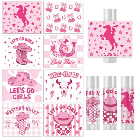 Peacoblue 160Pcs Lip Balm Labels Sticker for Tubes 2.1"x1.7" Western Pink Cowgirl Style, 8 Styles Waterproof Chapstick Labels Glossy for Homemade Lip Beauty and Personal Care peacoblue
