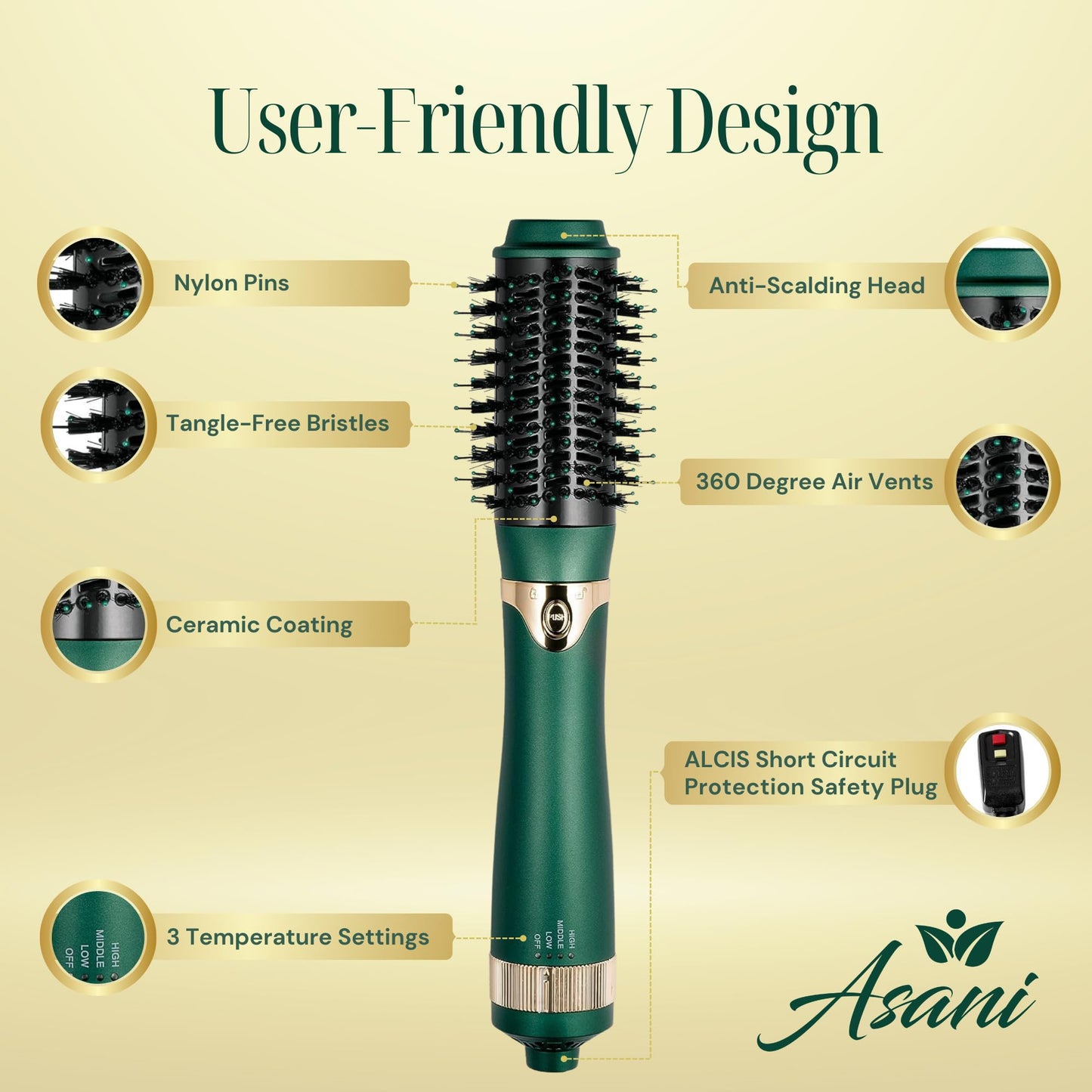 Asani Hot Air Brush - Multipurpose Blow Dryer Brush with Interchangeable Heads, Heated Round Brush for Curling or Straightening, Volumizer and Styling
