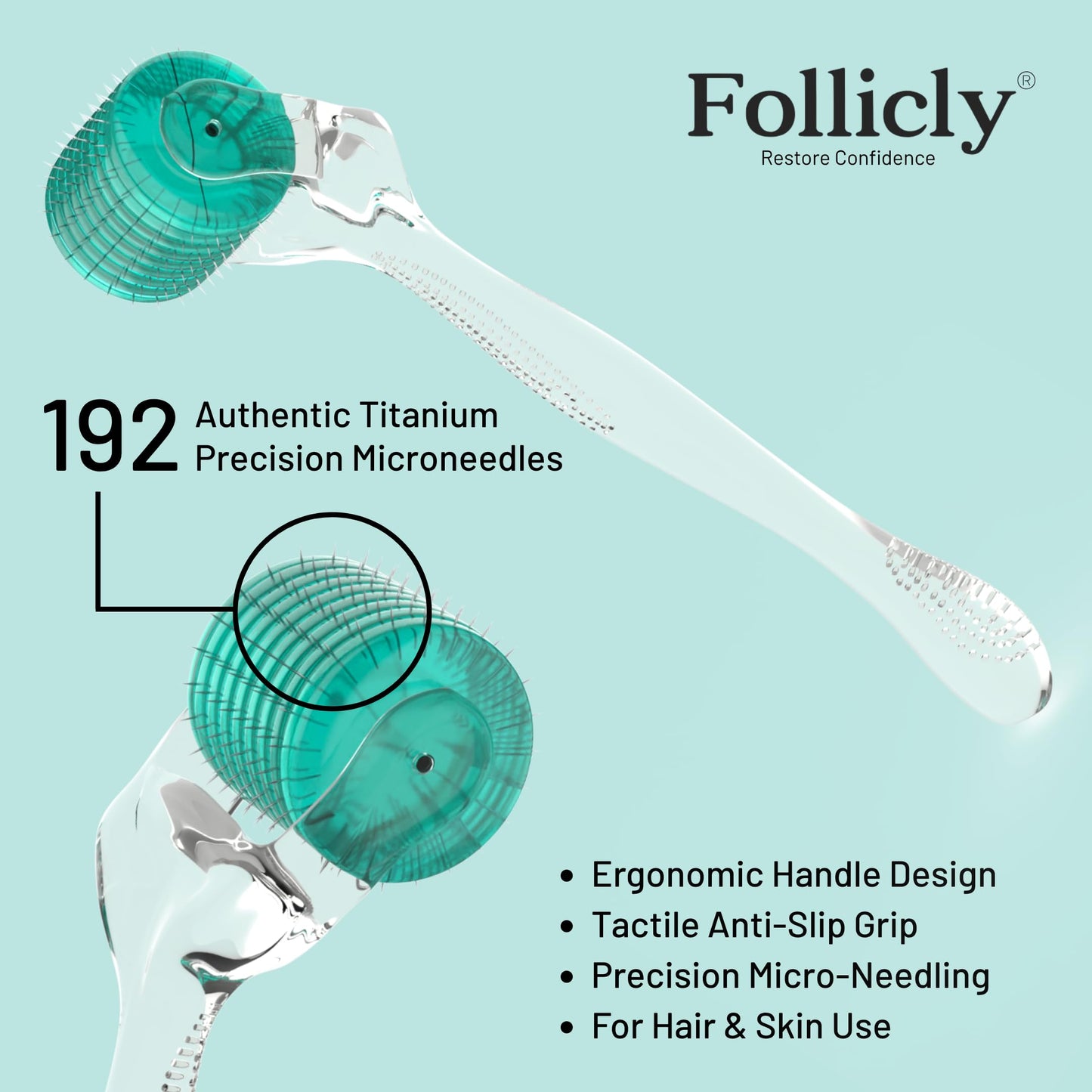 FOLLICLY Derma Roller - Professional Microneedling Tool for Hair, Skin & Face - 192 Authentic Titanium Microneedles - Premium At Home Beauty Care Beauty and Personal Care Follicly
