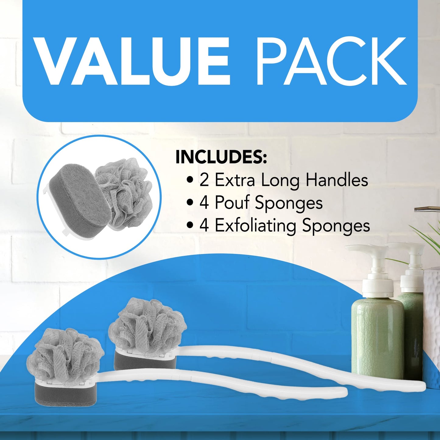 Impresa Extra Long Handle Shower Brush - Dual-Action Loofah & Exfoliating Sponge Body Scrubber - Ergonomic Grip Back Scrub Brush - Replacement Loofah