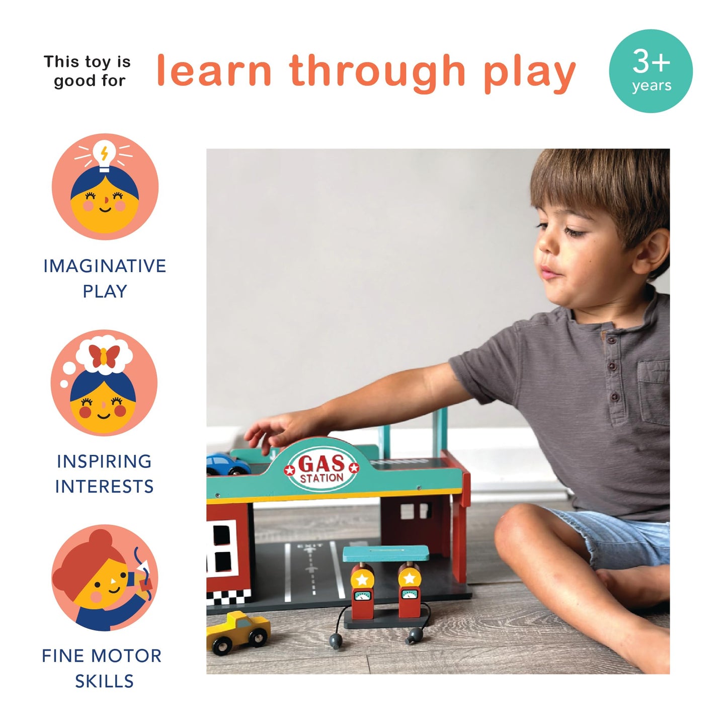 Mentari Toys Wooden Gas Station Playset – Garage with Lift, Cars, Ramp & Gas Pumps – Imaginative Role Play Toy for Kids Ages 3+