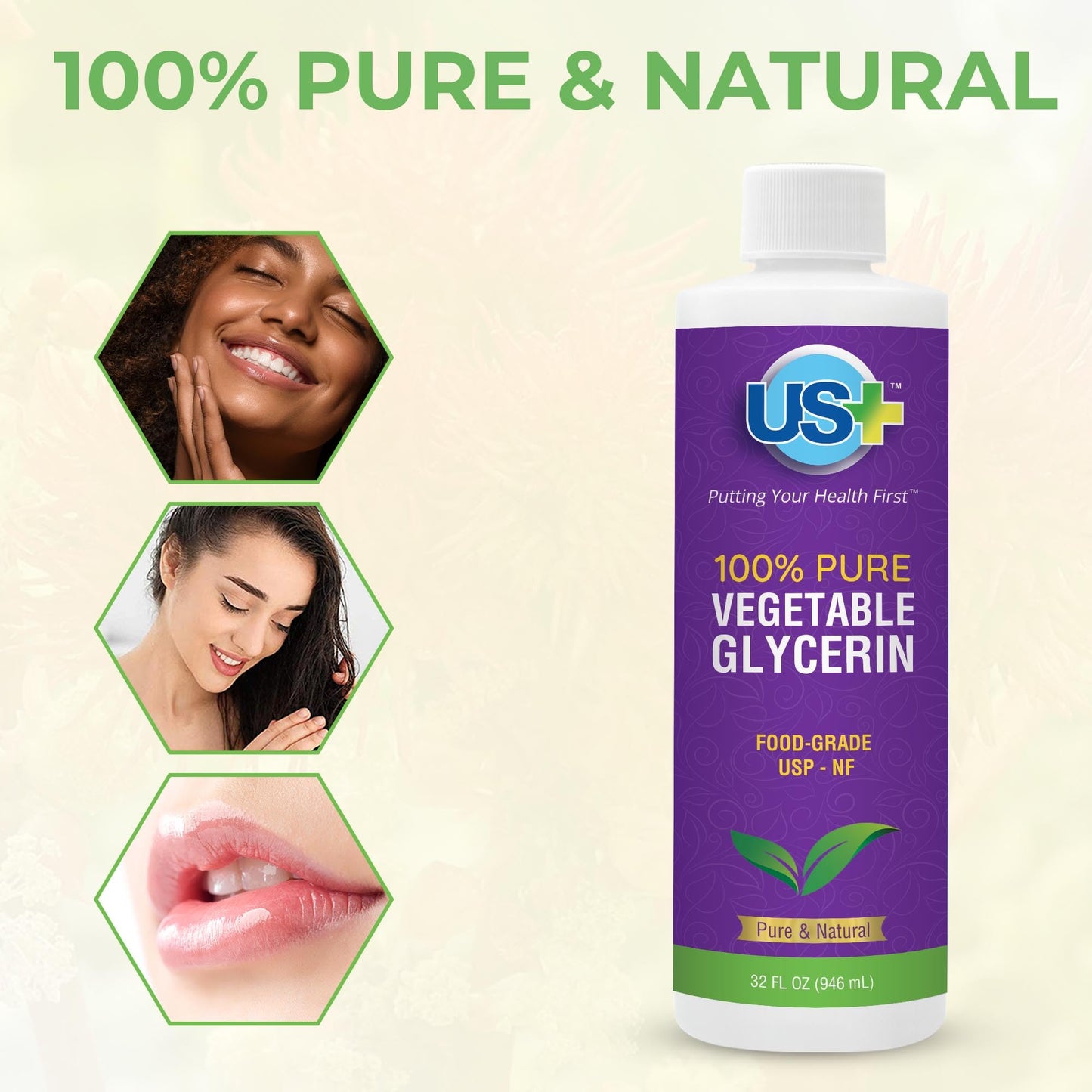 US+ 100% Pure Vegetable Glycerin - Pharmaceutical & Food Grade (USP) - All-natural moisturizer & cleanser - Non-GMO - For skin, hair, soaps and more Beauty and Personal Care US+