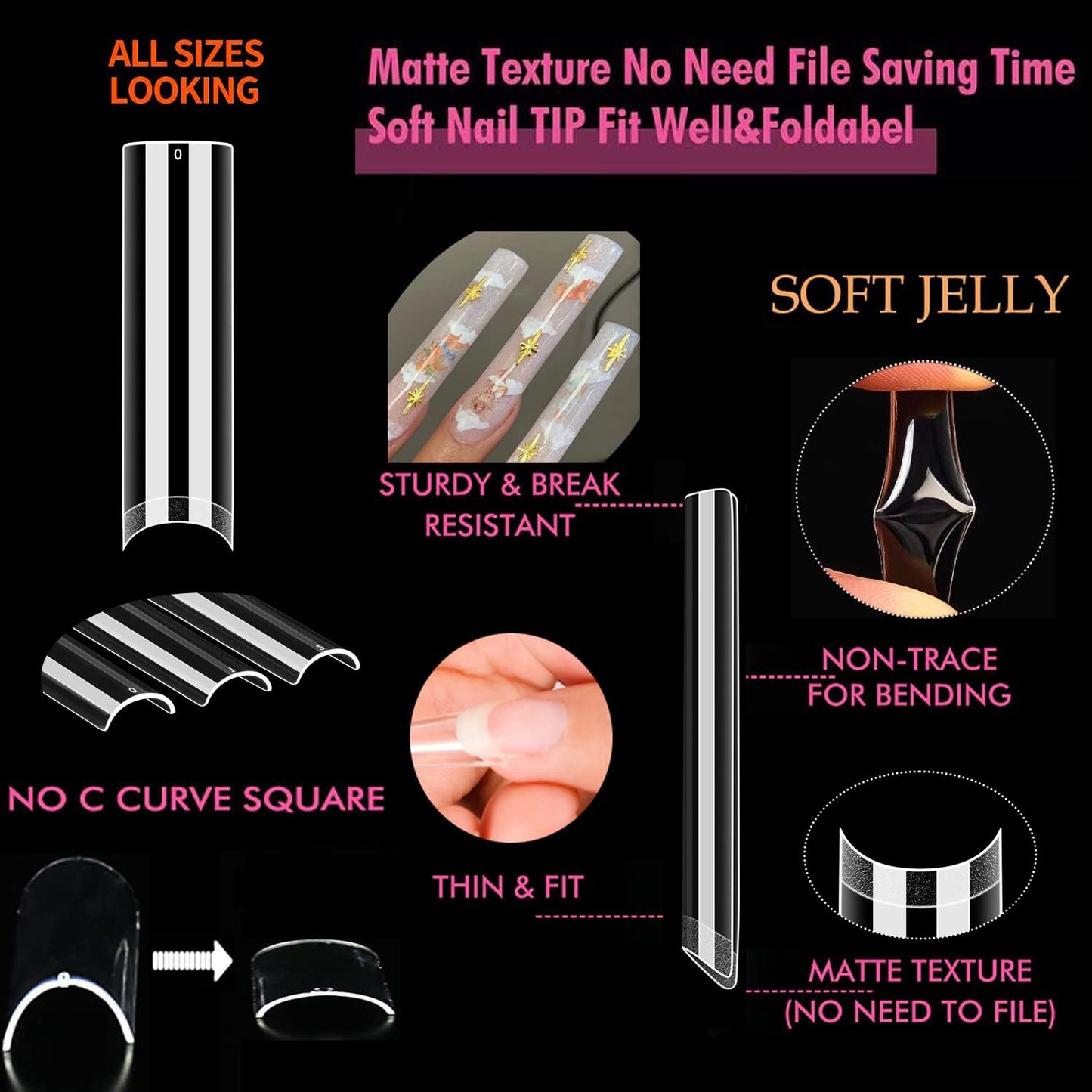 UNA GELLA Nail Tips Square XXL Tips 120 PCS No C Curve Gel Tips Extra Long Square Straight Nails Half Fake Nail Tips No Trace for Acrylic Nails Tips Beauty and Personal Care UNA GELLA