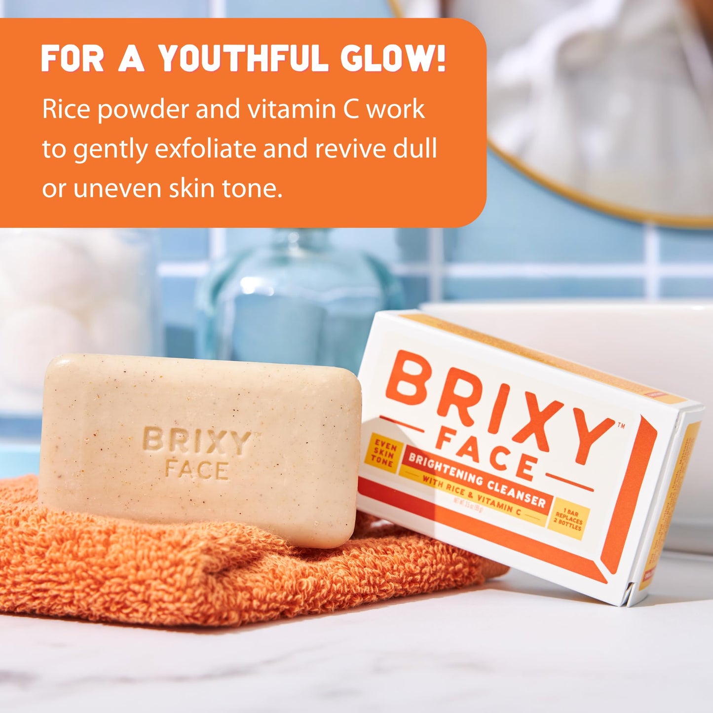 BRIXY Exfoliating Facial Cleansing Bar Even Skin Tone - Rice Powder And Vitamin C, Ceramide & Niacinamide Support A Healthy Skin Barrier, Soap Free