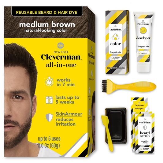 Reusable Hair & Beard Dye for Men - Medium Brown | Up to 5 Uses, 7 Minutes | Natural Gray Coverage, No-Drip Cream with SkinArmour - Cleverman