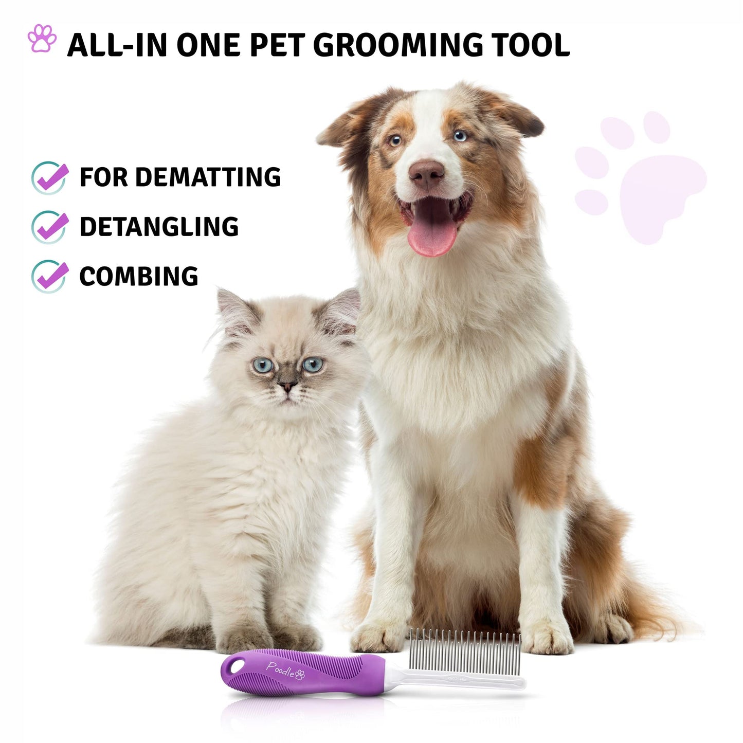 Poodle Pet Detangling Comb – Long & Short Stainless Steel Teeth for Removing Mats, Knots & Tangles, Gentle Grooming for Dogs & Cats