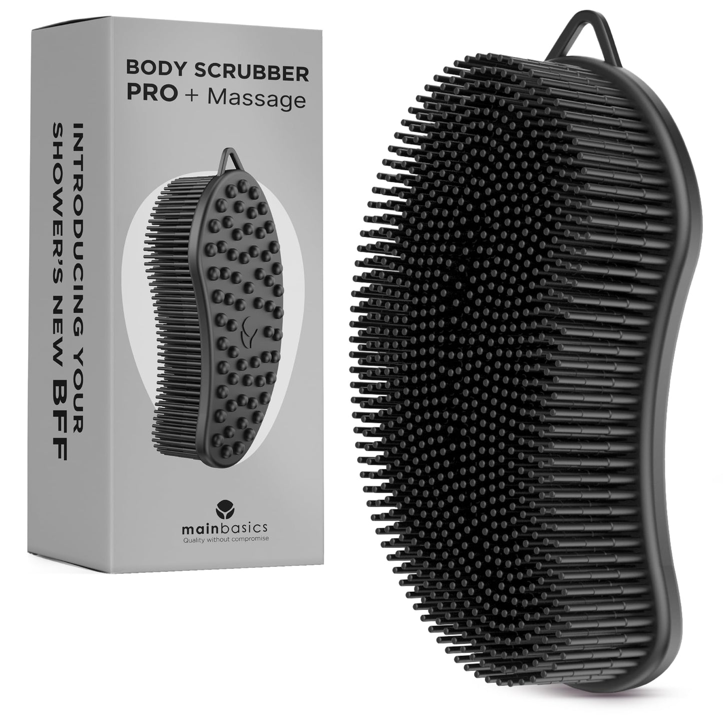 MainBasics Silicone Body Scrubber Dual-Sided Shower Loofah and Massaging Nodes (Black, Massage)