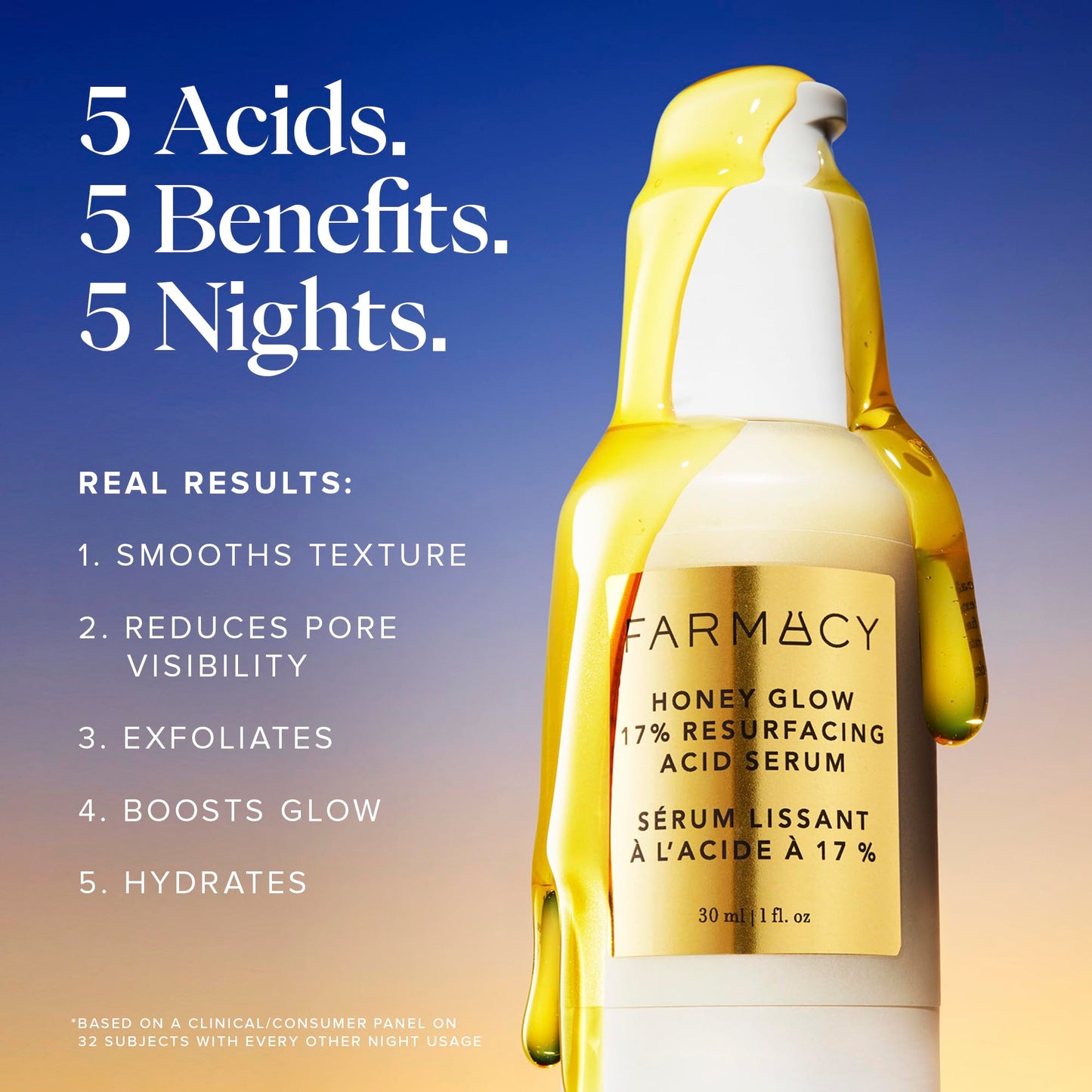 Farmacy Face Exfoliator Serum - Honey Glow 17% AHA + BHA Liquid Exfoliant & Salicylic Acid Serum - Resurfacing Skin Care for Reduced Pores + Texture