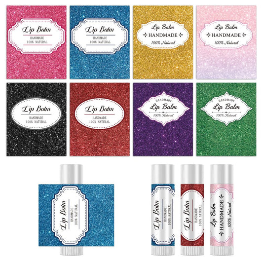 Peacoblue 160Pcs Lip Balm Labels Sticker for Tubes 2.1"x1.7" Various Sequins Glitter, 8 Styles Waterproof Chapstick Labels Glossy for Homemade Lip Beauty and Personal Care peacoblue