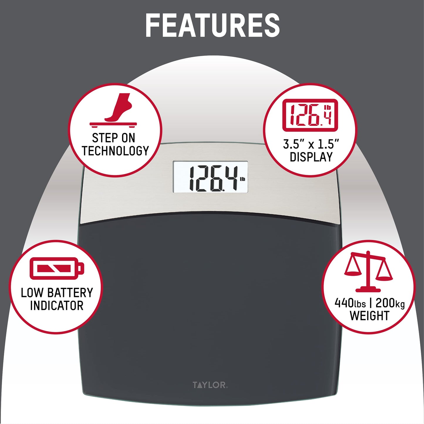 Taylor Digital Scales for Bodyweight Mixed Metal with Brushed Stainless Steel, 440 LB Capacity, Bathroom Scale, White Backlight Readout, Highly…