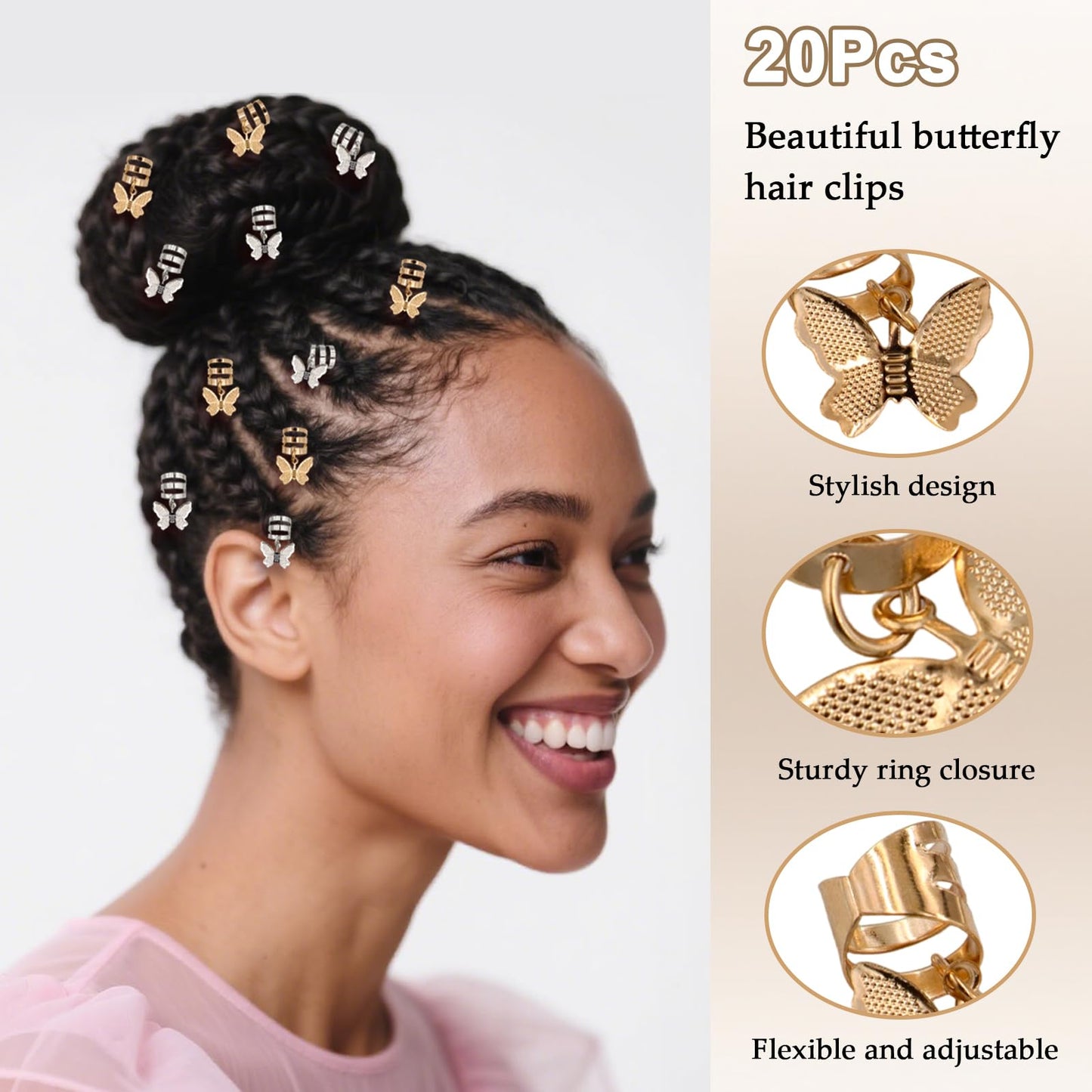 20Pcs Gold Silver Butterfly Cuffs for Women's Braids, Dreadlocks - Aluminum Rings, Adjustable Metal Clips, Hair Decorations