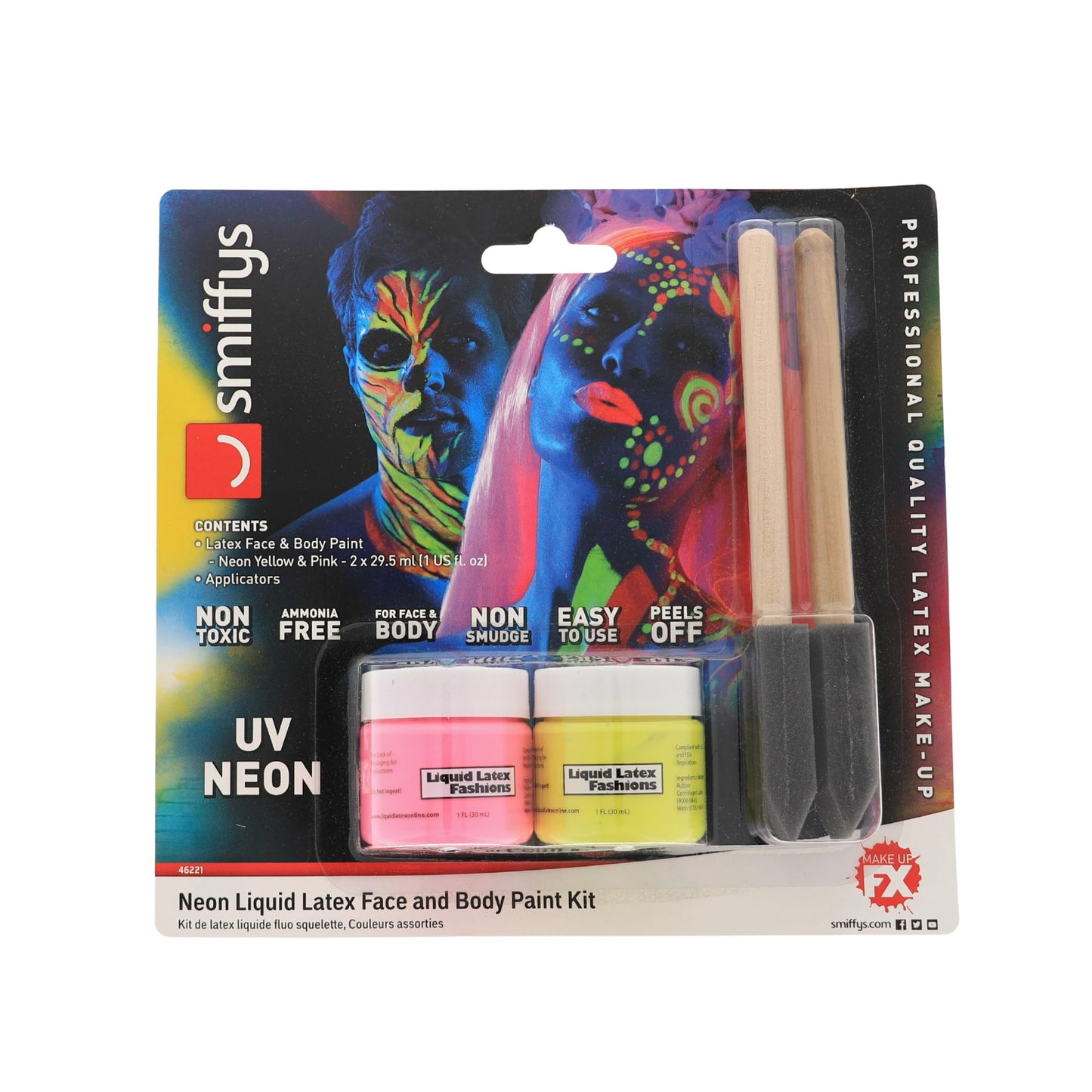2-Pack Neon UV Liquid Latex Kit - Two 1oz Pink & Yellow, Glows Under UV/Blacklight, Includes 2 Precision Brushes, Perfect for Festivals, Raves, SFX