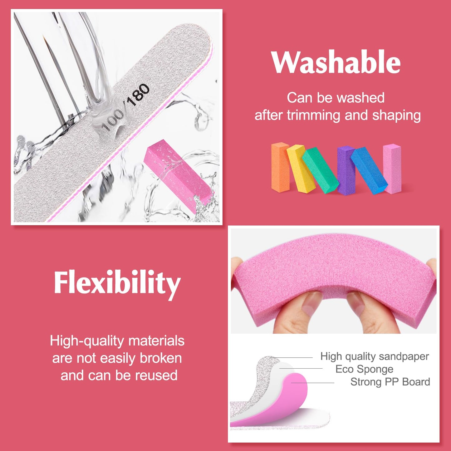 MORGLES Nail Files and Buffers, Natural and Acrylic Nail Care Kit, 6 Pcs 100/180 Grit File, 6 Pcs Rectangular Buffer Blocks and 2 Brushes