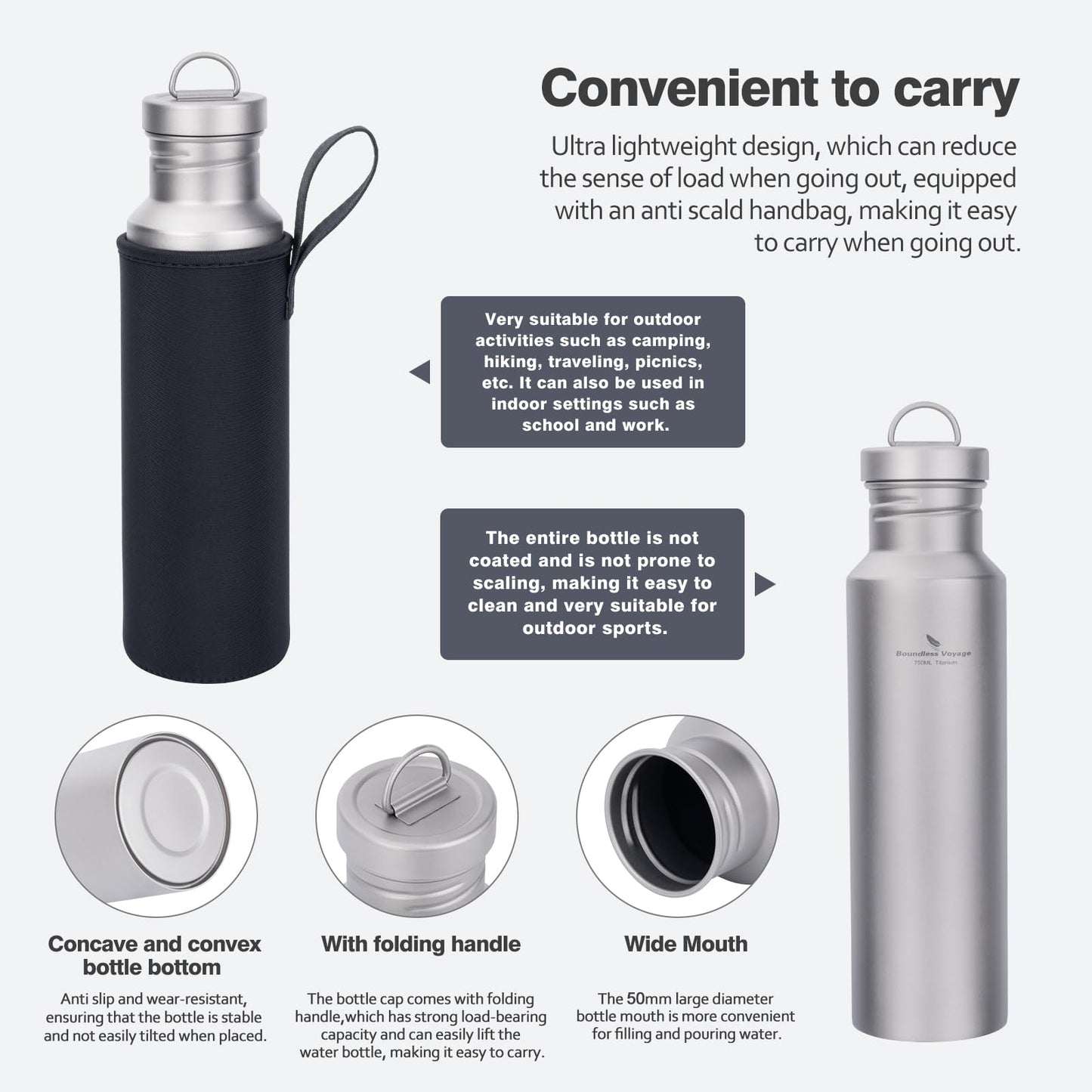 usharedo Outdoor 750ml Titanium Sports Bottle with Lid Flask Wide Mouth Water Bottle Canteen Drinking Bottle for Camping Cycling Hiking Ti3253d