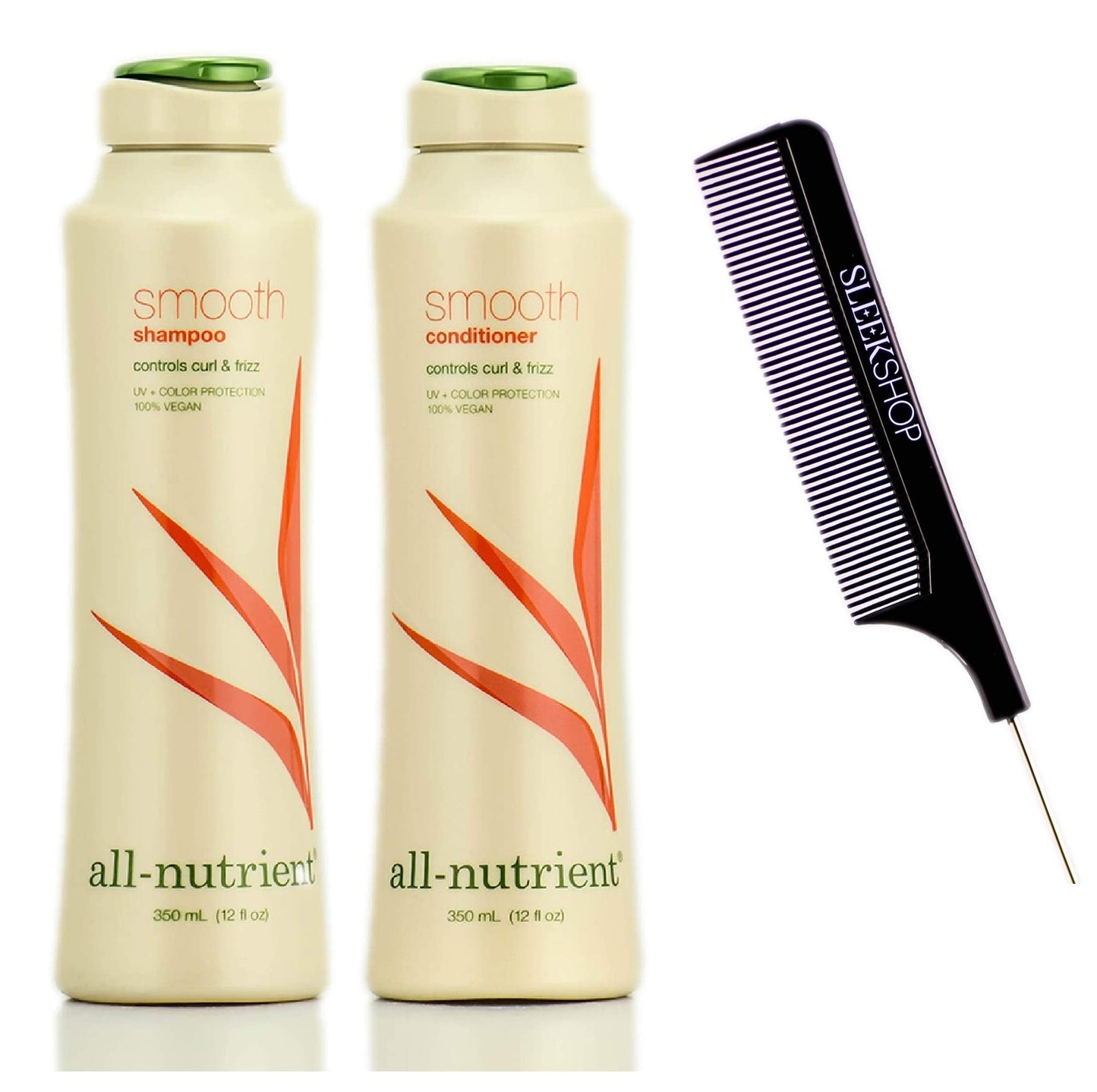 All-Nutrient SMOOTH Shampoo & Conditioner DUO SET, CONTROLS Curl & Hair Frizz (w/Sleek Comb) UV+ Color Protection, 100% Vegan (12 oz + 12 oz DUO KIT)