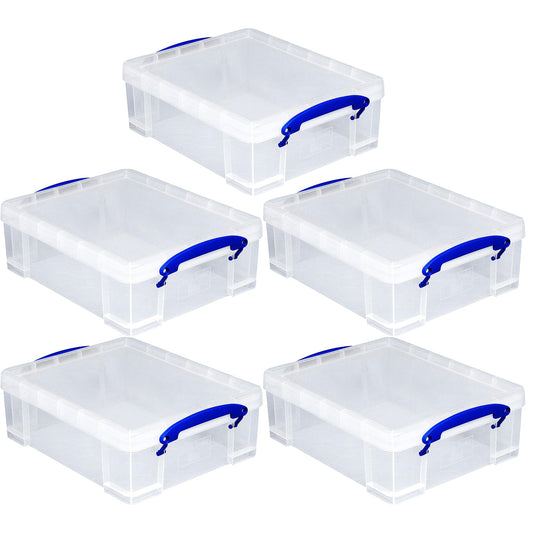 Really Useful Box Stackable 8.1 Liter Plastic Storage Container Bin with Snap Lid & Built-In Clip Lock Handles for Home & Office Organization (5 Pack)