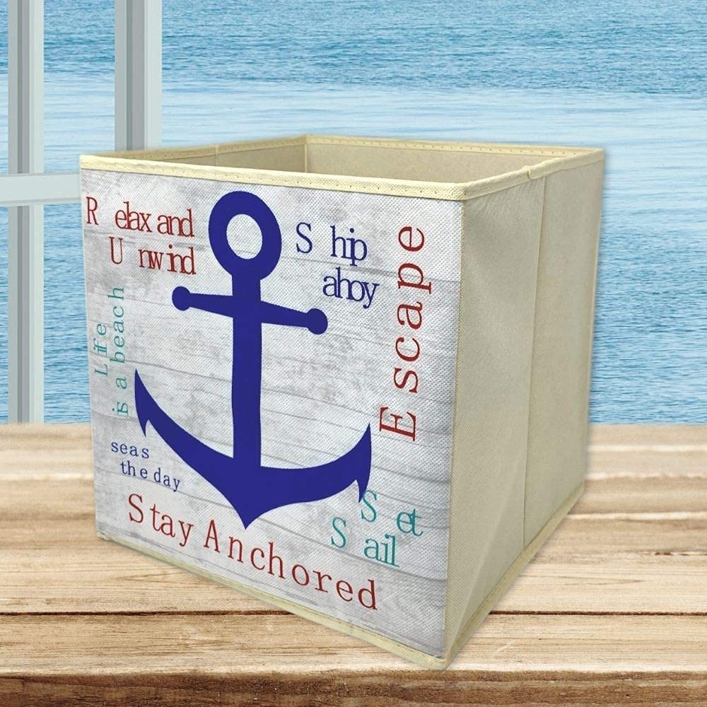 BANBERRY DESIGNS Collapsible Storage Bins - Nautical Beach Themed Cube - Catch All Basket - Organizer Box - Canvas Fabric Foldable Container…