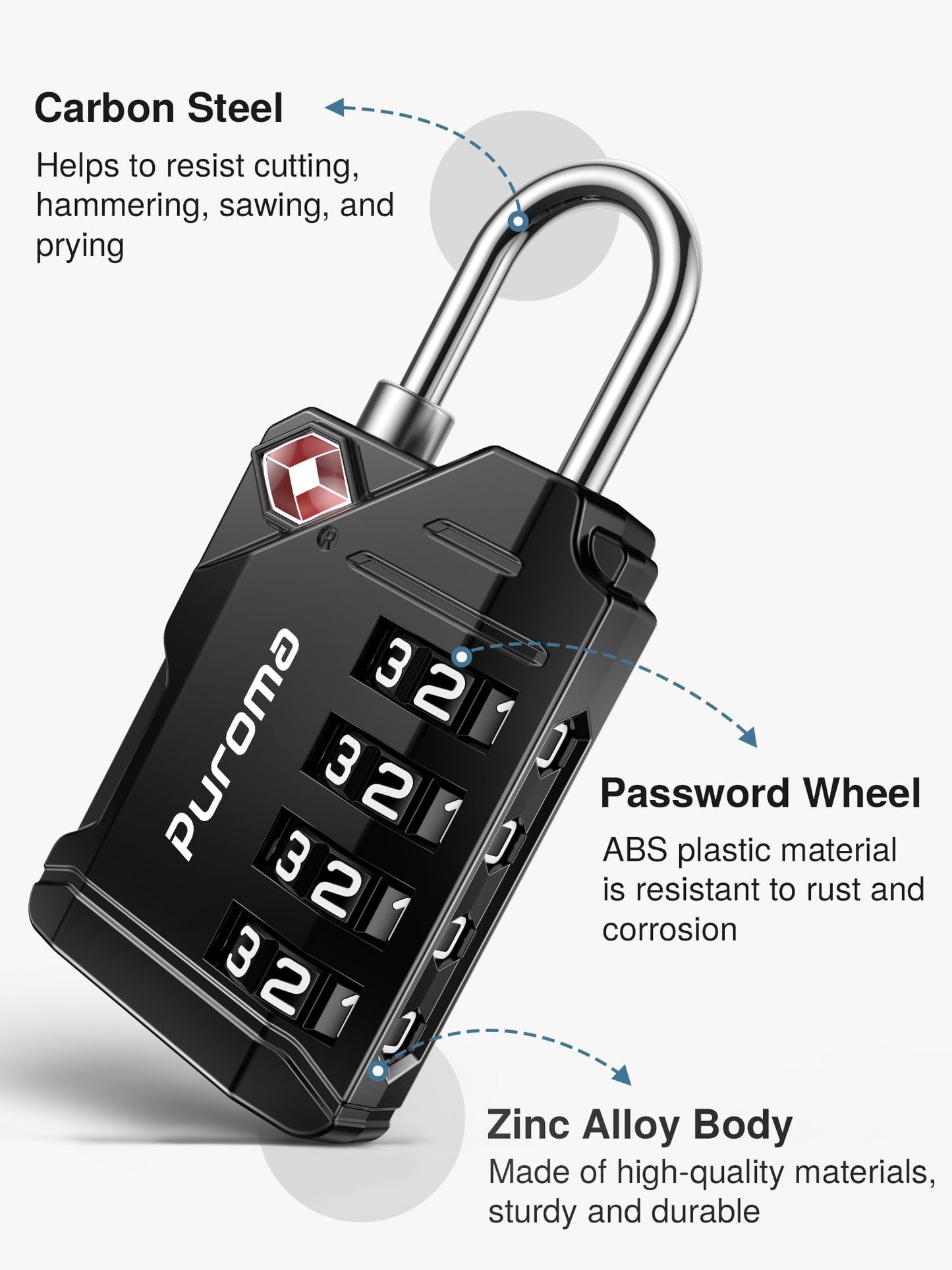 Puroma TSA Approved Luggage Locks 2 Pack – 4-Digit Resettable Combination Code, Durable Zinc Alloy for Suitcase, Backpack & Gym Locker