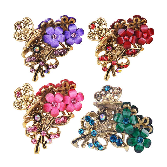 Numblartd 4 Pcs Vintage Flowers Medium Size Fancy Hair Claw Jaw Clips Pins with Rhinestone - Women Chic Metal Alloy Hair Clamp Hair Updo Grip Hair