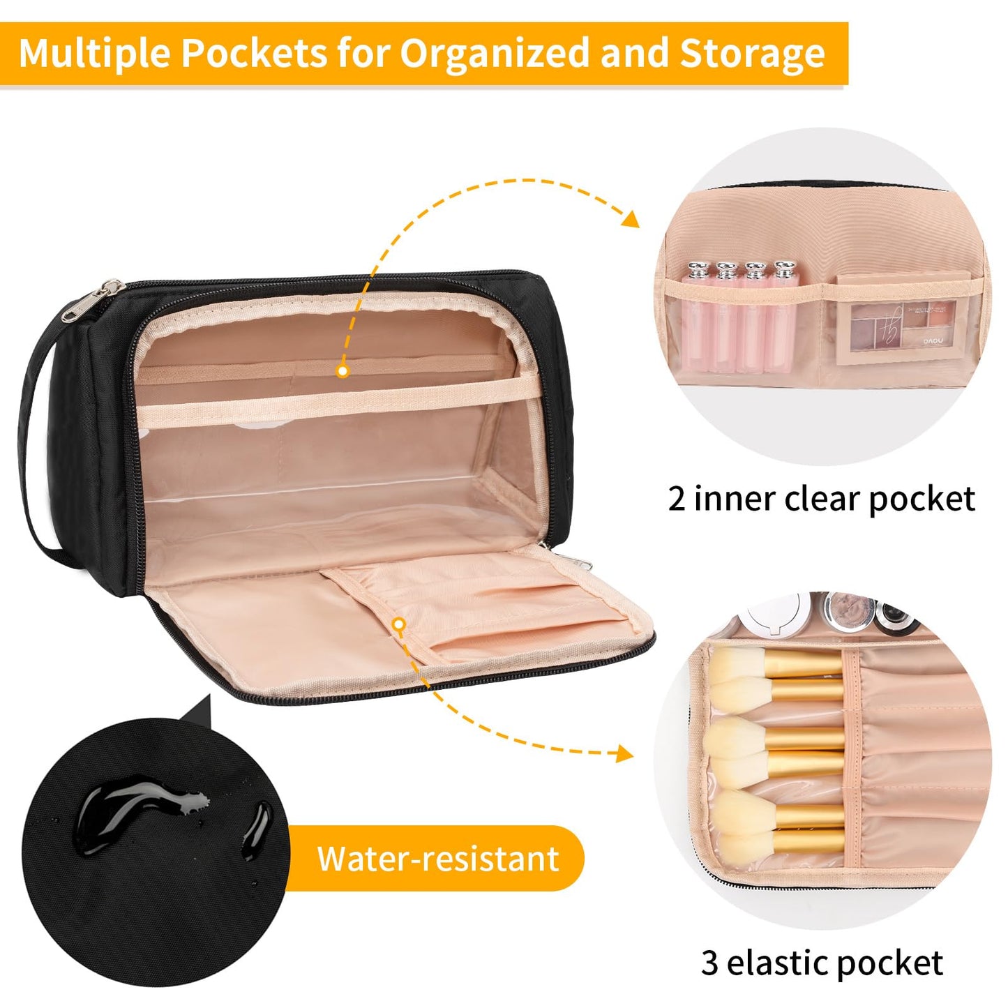 CUBETASTIC Small Makeup Bag – Travel Cosmetic Pouch Organizer for Women & Girls, Durable Black Oxford Cloth Makeup Case