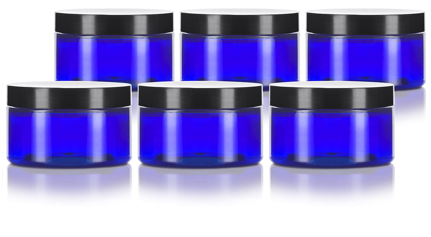 2 oz Cobalt Blue Heavy Wall Plastic Refillable Low Profile Jar with Black Lid (6 pack)