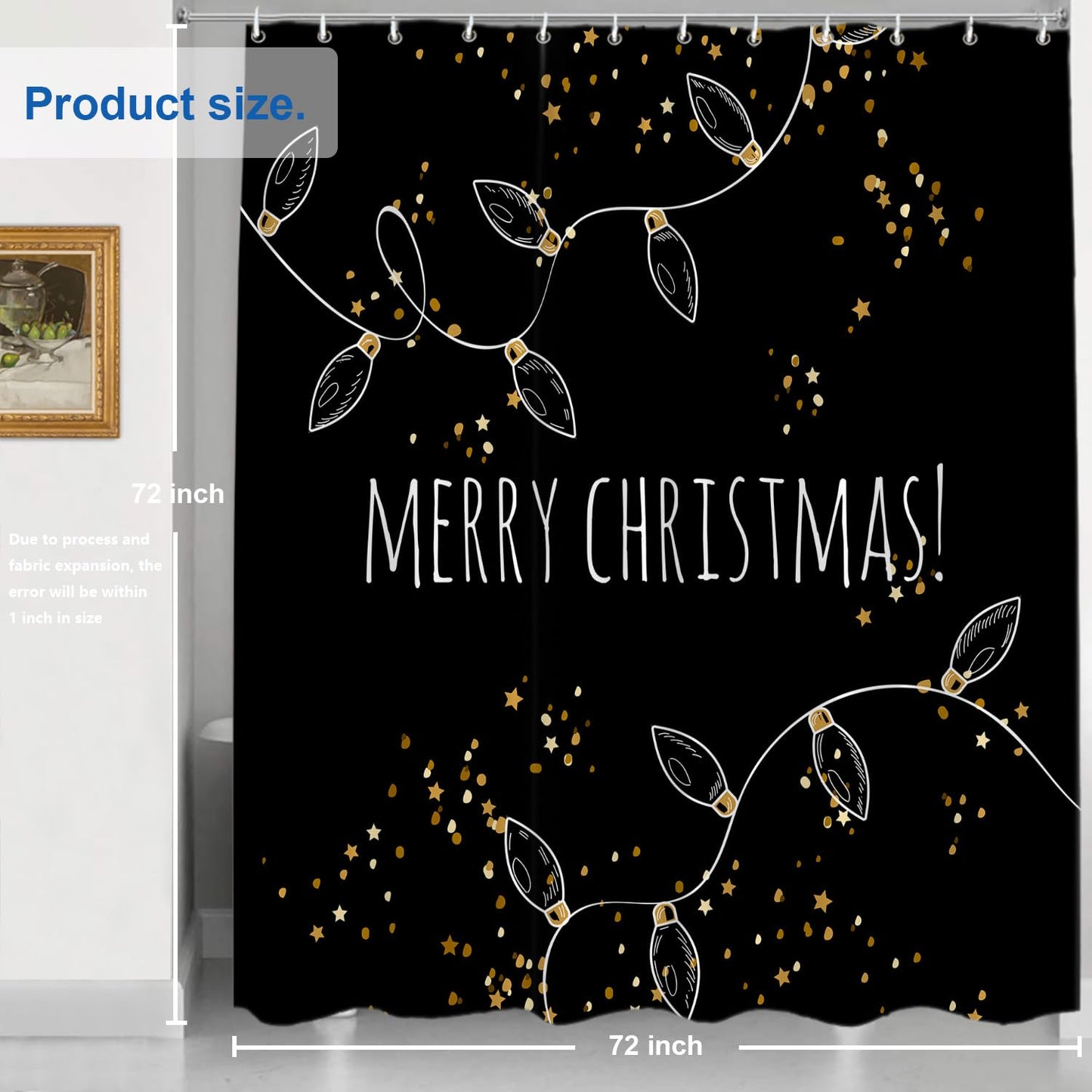 Shrahala Christmas Black Decorative Shower Curtain - Green Gold Stars for Bathroom Decor, Waterproof With Grommets, 72x72 Inch