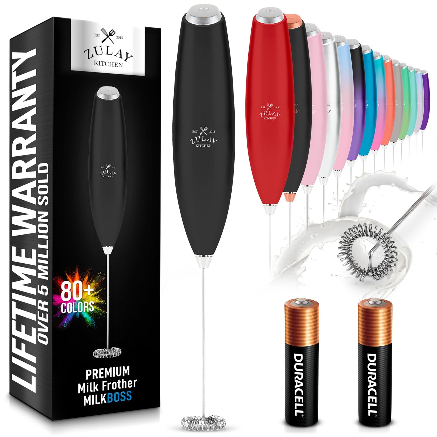 Zulay Kitchen Handheld Milk Frother Wand – Electric Drink Mixer with AA Batteries, Easy-Clean Whisk for Coffee, Lattes & Cappuccino, Black