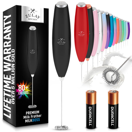 Zulay Kitchen Handheld Milk Frother Wand – Electric Drink Mixer with AA Batteries, Easy-Clean Whisk for Coffee, Lattes & Cappuccino, Black