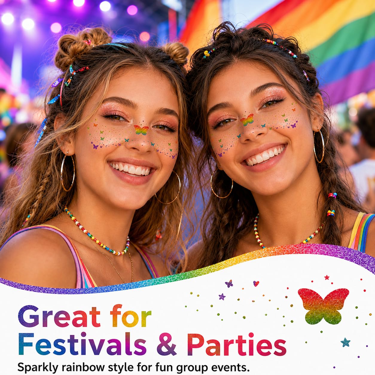 Artlunar 8Pcs LGBTQ Pride Face Freckles Tattoos, Rainbow Butterfly Temporary Tattoos with Silver Glitter Powder, Waterproof Face Sparkles for Pride
