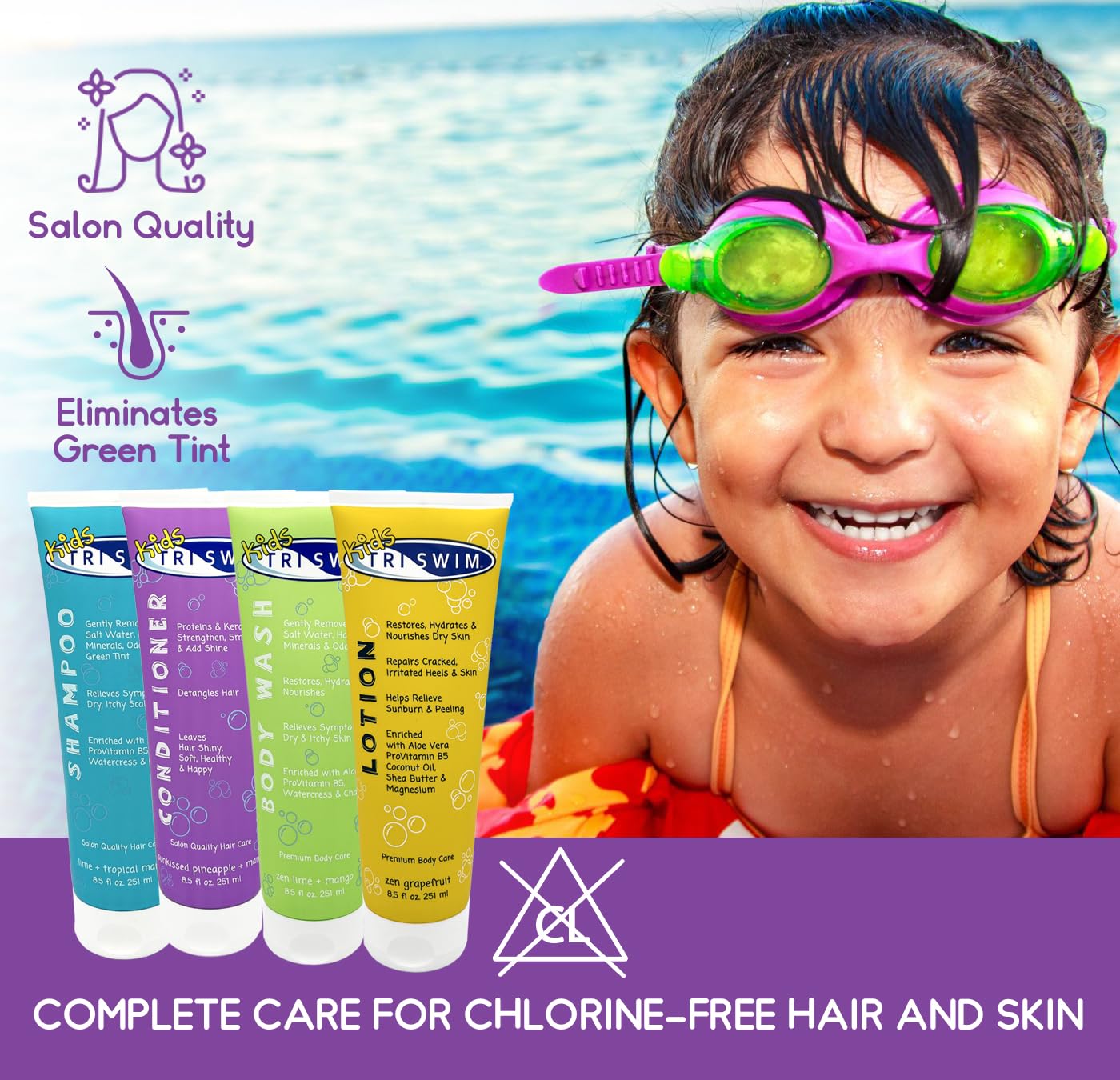 TRISWIM Kids After Swim Value Pack of 4 Travel Mesh Bag + Swim Care Chlorine Removal Body Wash + Swimming Lotion + Swim Shampoo and Conditioner 8.5 fl