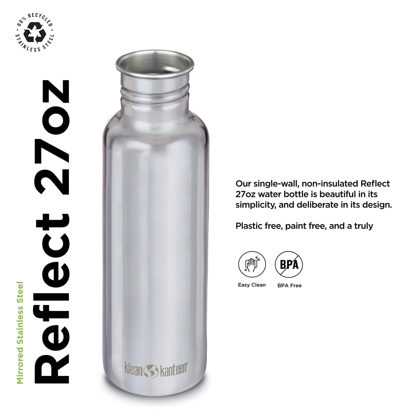 Klean Kanteen 27 oz Reflect Water Bottle with Bamboo Cap - Reusable Water Bottle - BPA-Free - Made with Stainless Steel & Food-Grade Silicone