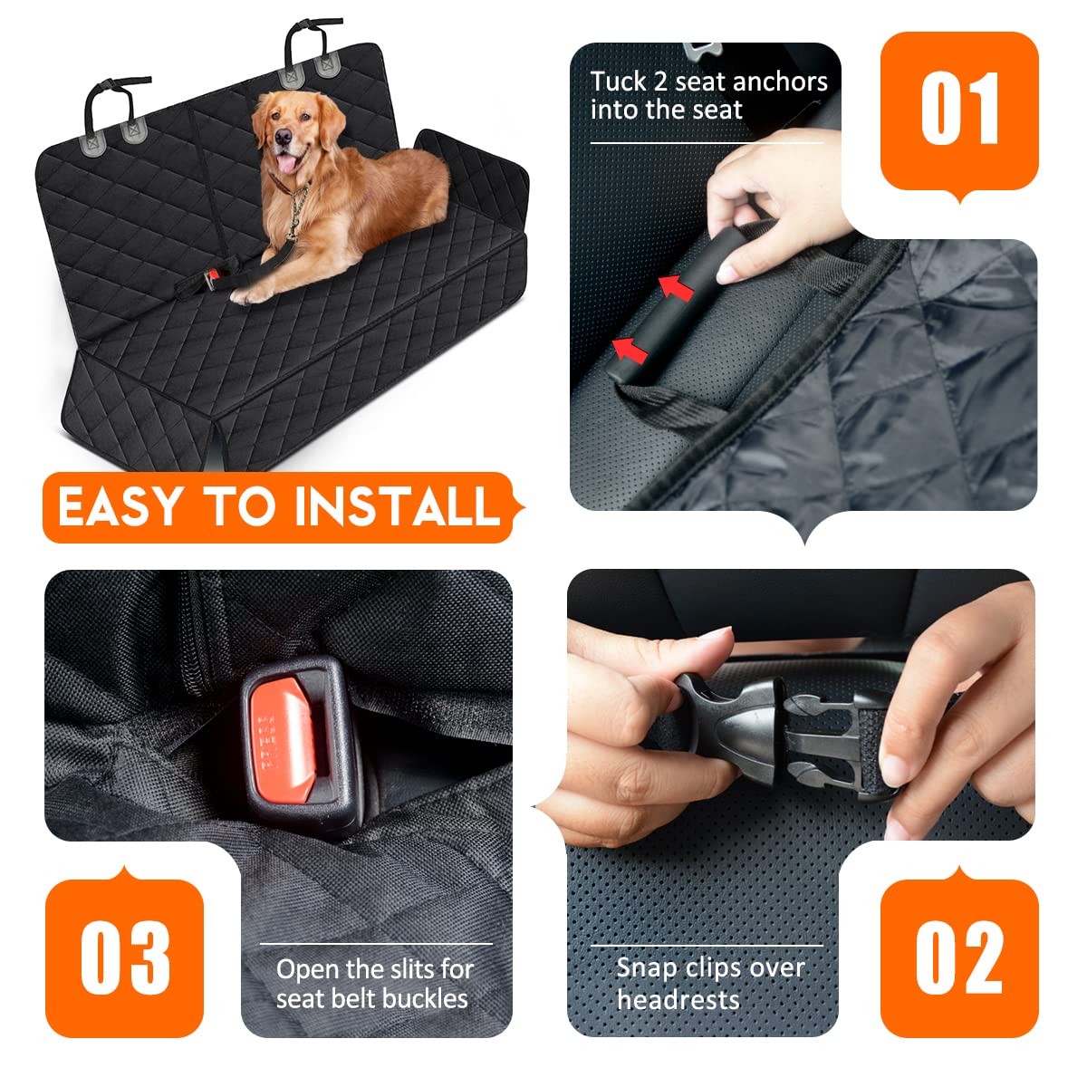 Yuntec Dog Car Seat Cover – Waterproof, Non-Slip Back Seat Protector with Middle Armrest Fit for Cars, Trucks & SUVs – Black