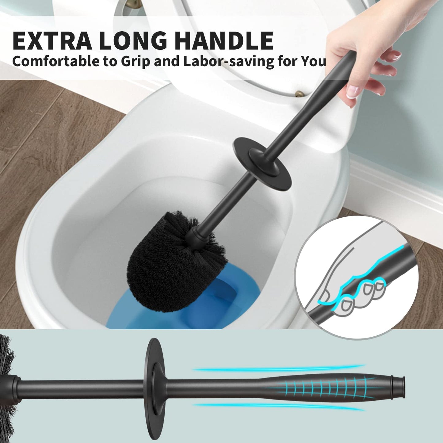 UPTRONIC Toilet Brush Set with Extra Long Handle & Durable Bristles, Covered Holder for Bathroom Cleaning, Black, 1 Set