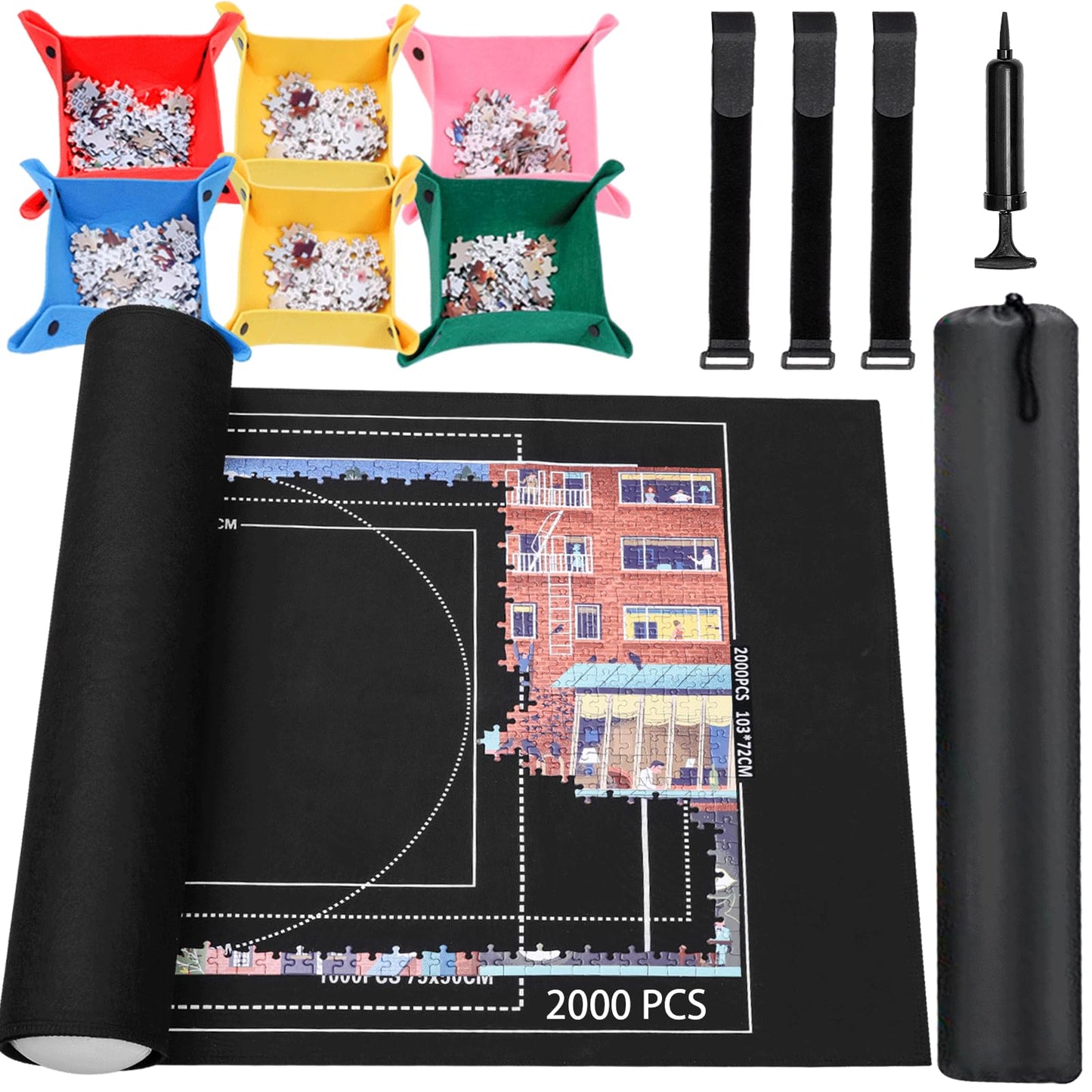 Jigsaw Puzzle Mat Roll Up – Felt Puzzle Saver for 500/1000/1500/2000 Pieces, Black Roll-Up Board with Sorting Trays, Clear Sheets & Frame