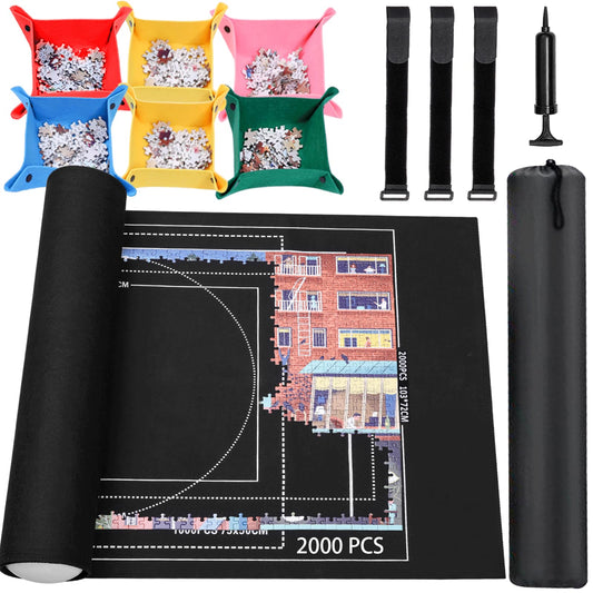 Jigsaw Puzzle Mat Roll Up – Felt Puzzle Saver for 500/1000/1500/2000 Pieces, Black Roll-Up Board with Sorting Trays, Clear Sheets & Frame