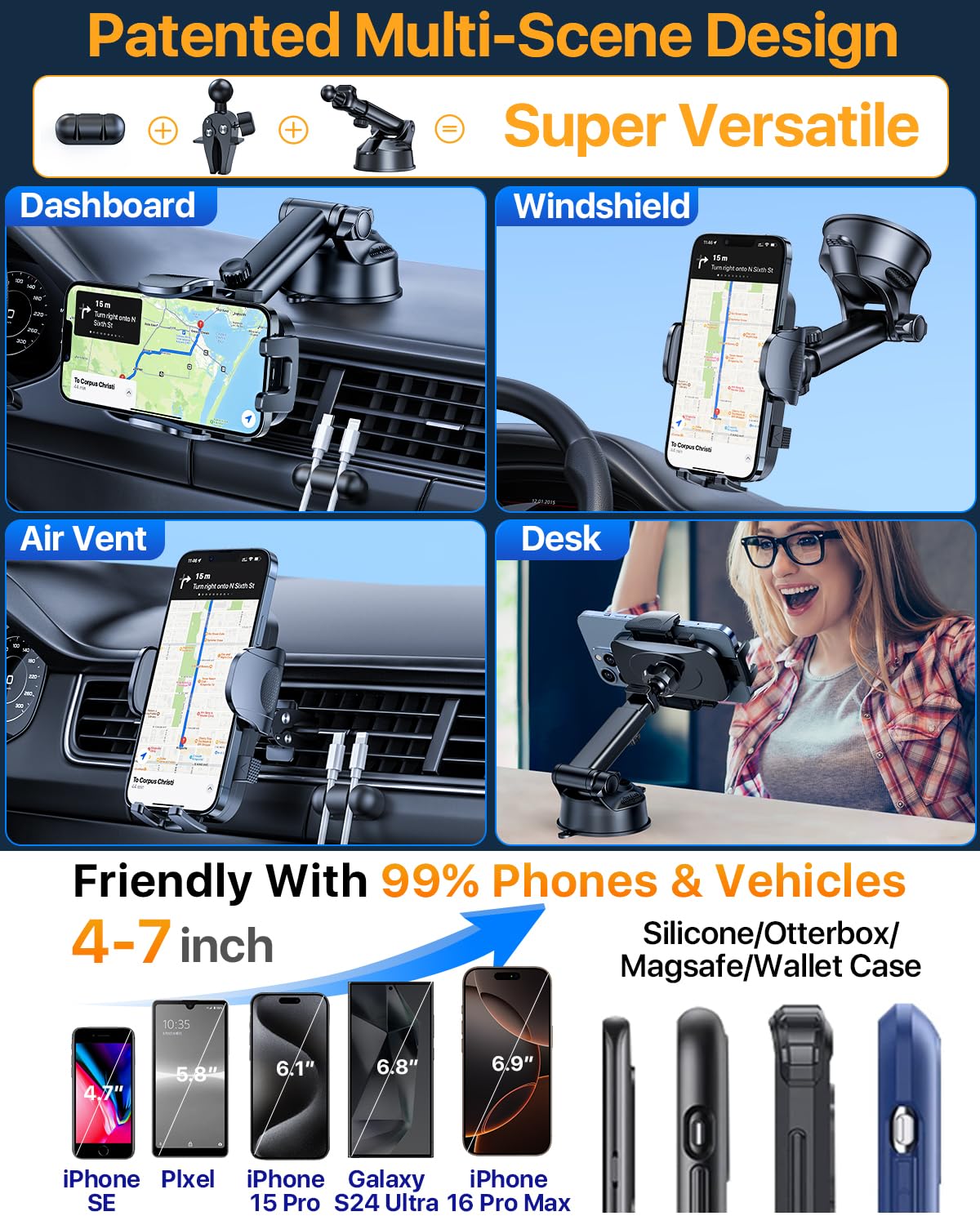 YRU [True Upgrade for Safety] Car Phone Holder Mount [Patent & Military-Grade] Dashboard Cell Phone Holder for Car Vent Windshield Phone Stand…