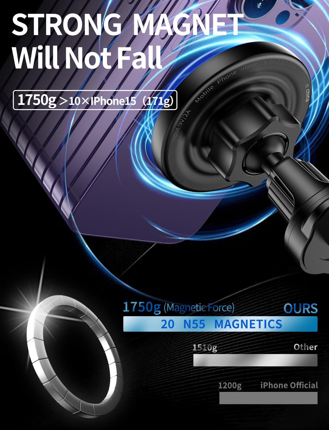 MagSafe Car Mount Charger, 3 in 1 [LED RGB HandsFree] Wireless Car Charger, Magnetic Phone Holders for Your Car- Fast Charging Car MagSafe Charger…