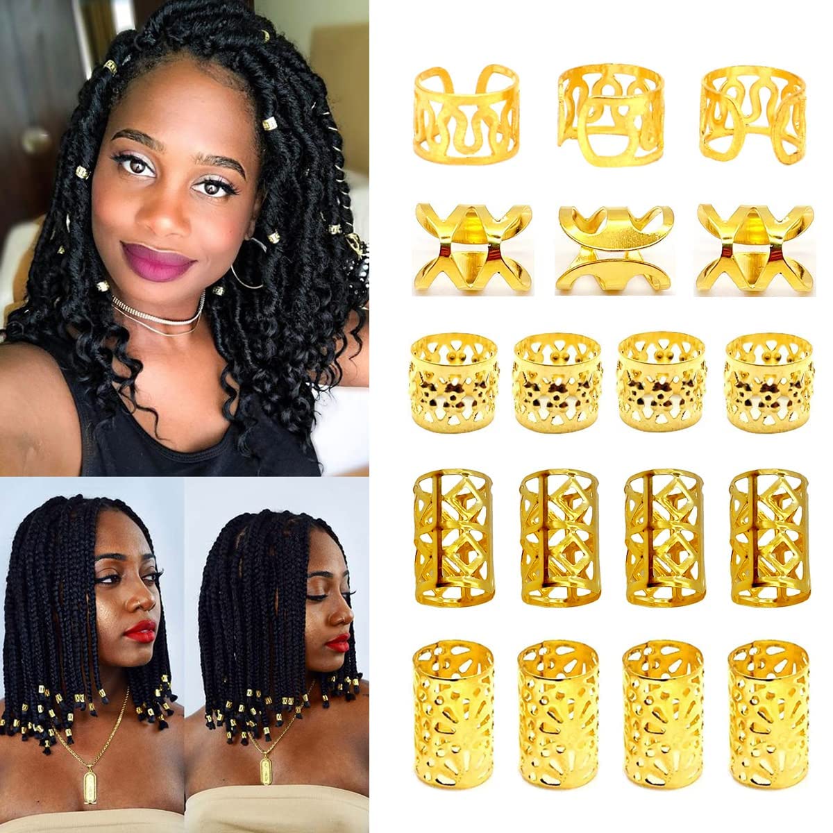 LEILEIXI 100 PCS Gold Dreadlock Locs Accessories for Hair, Hair Jewelry for Braids Hair Rings for Women and Girls, Adjustable Cuffs Braiding Hair